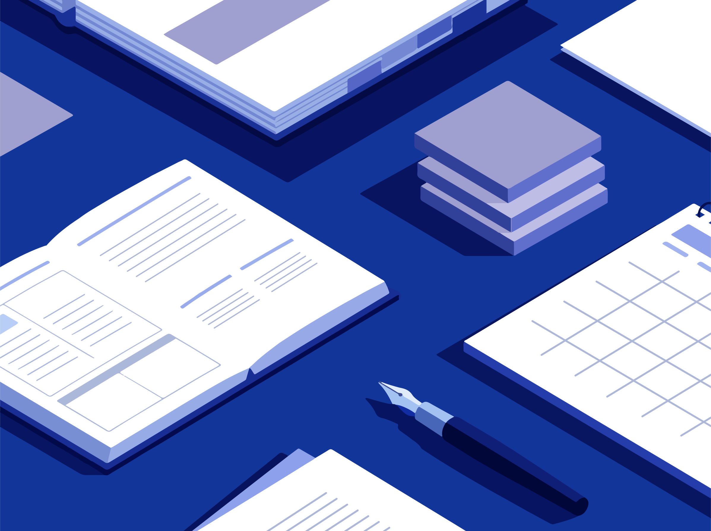 Open book, pen, and papers on blue surface