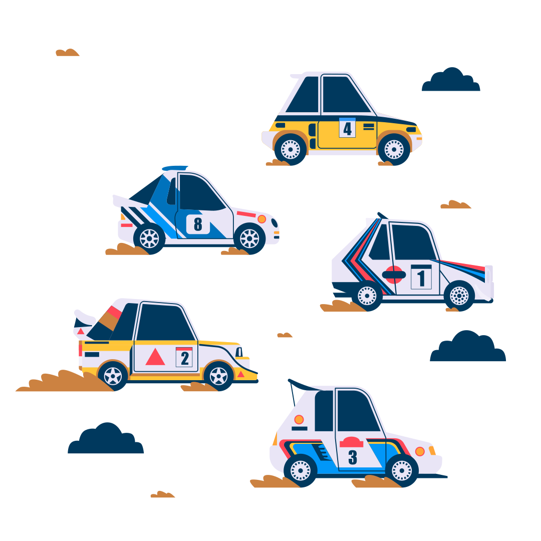 Five colorful rally cars racing on a white background