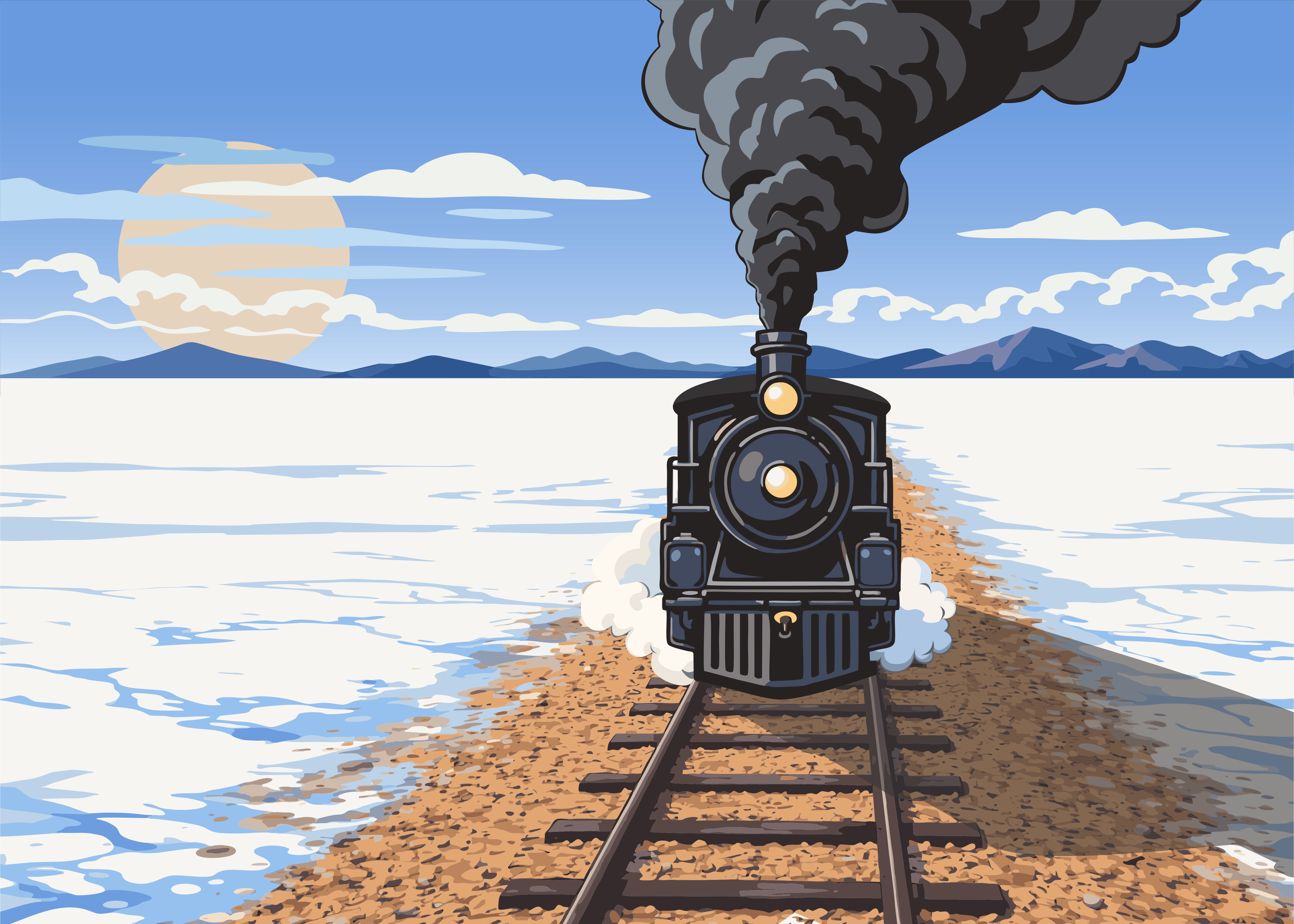A vintage steam train travels through a snowy landscape.