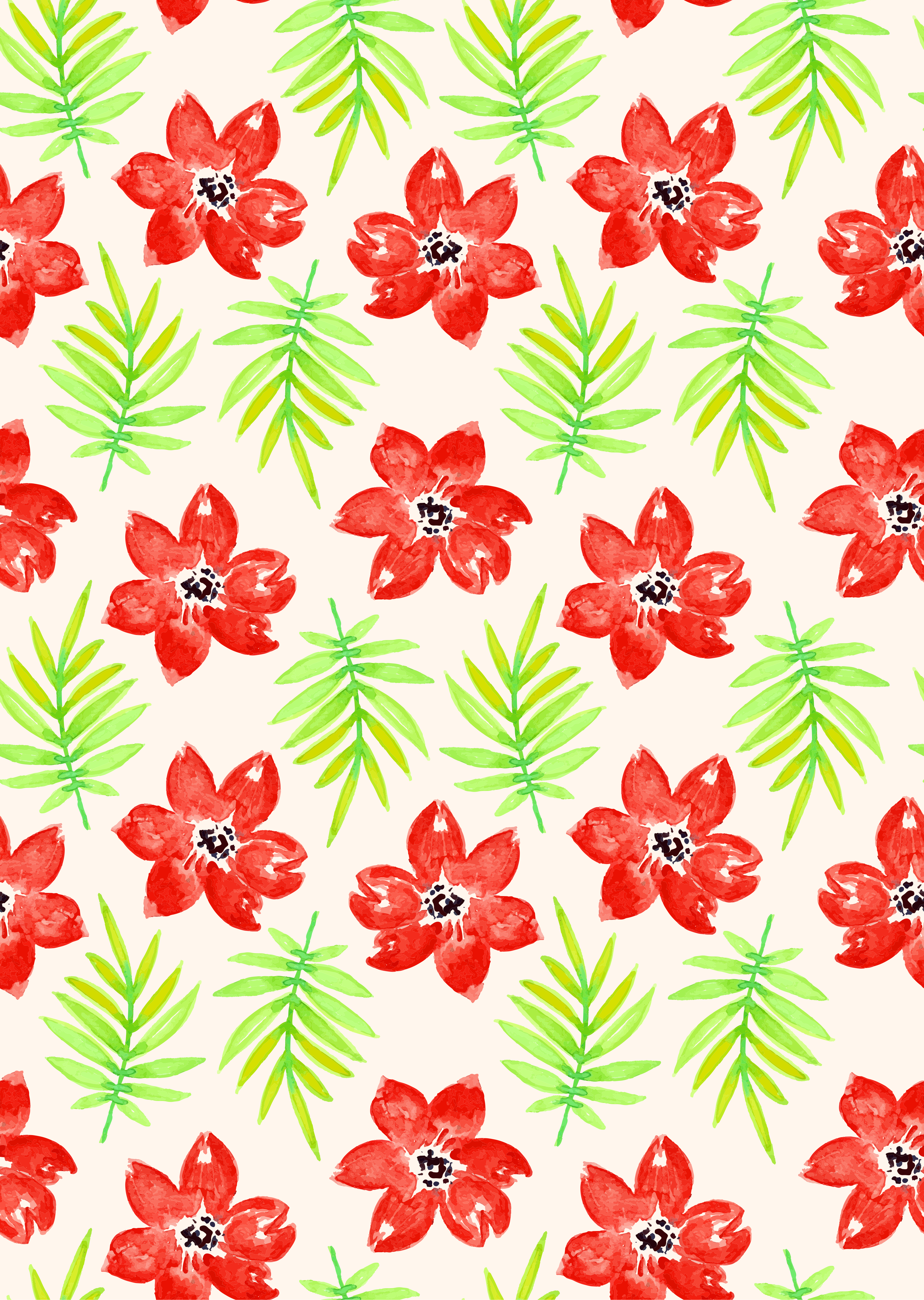 Rote Aquarellblüten und grüne Palmblätter-Muster.