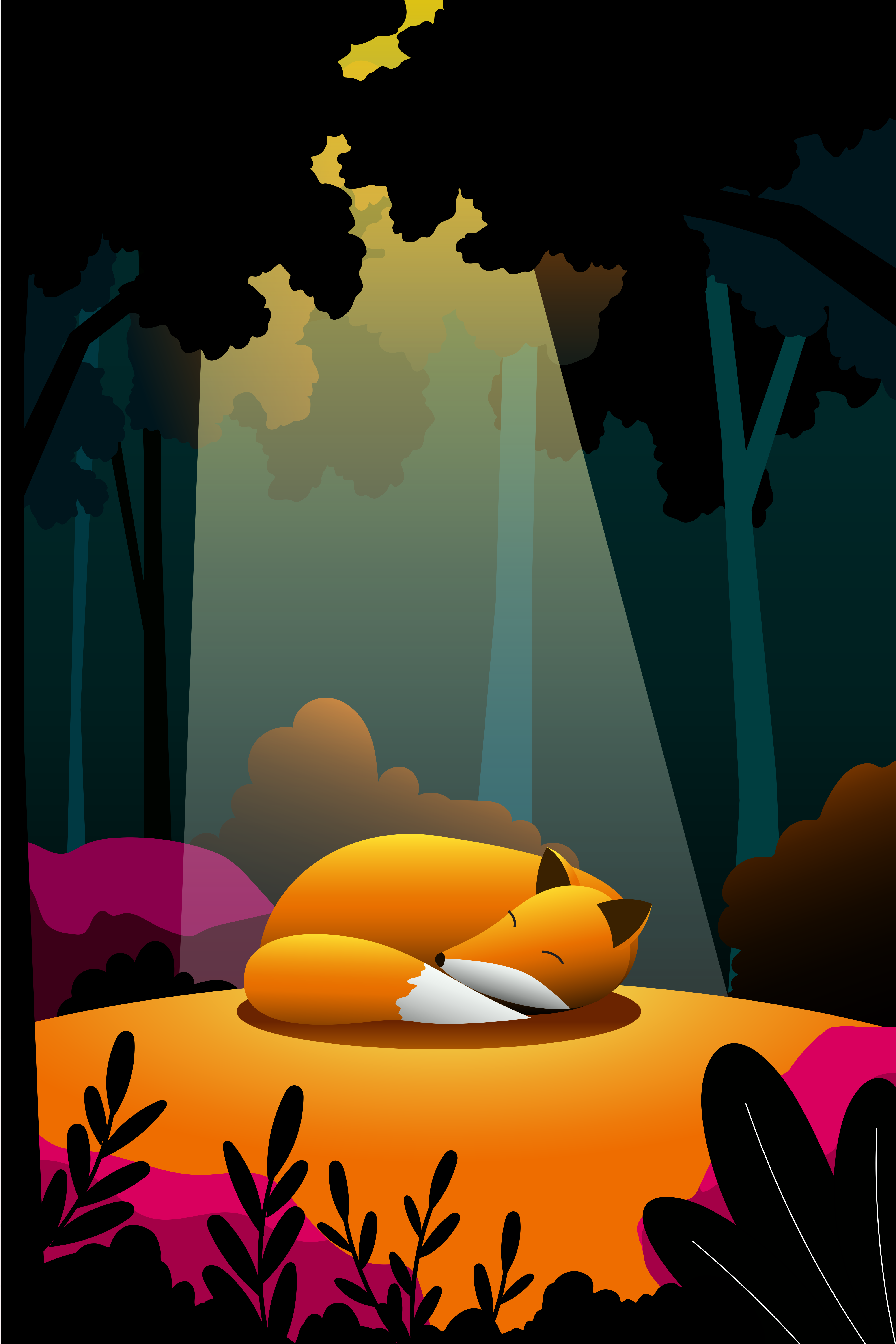 A fox sleeps peacefully in a sunlit forest clearing.