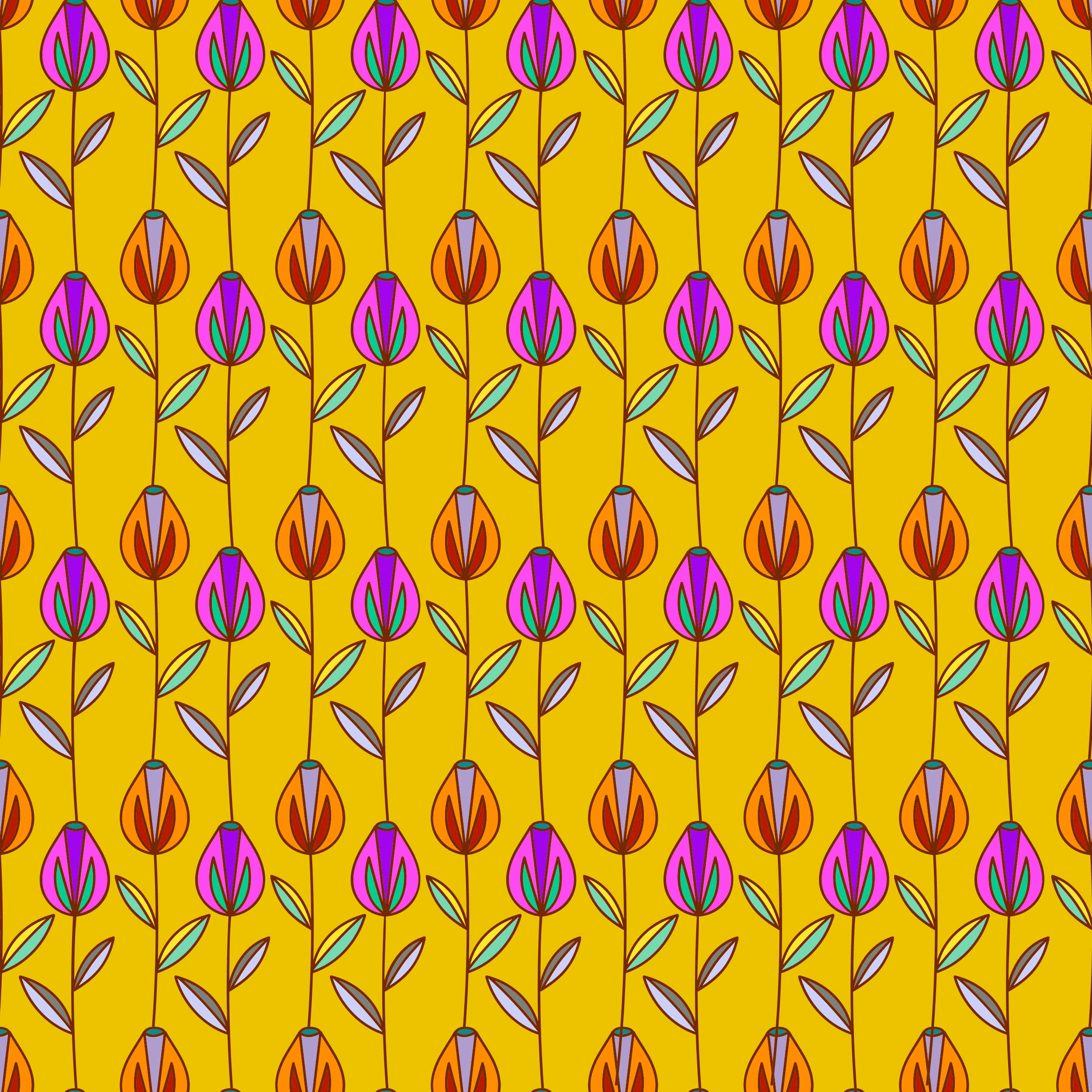 Ein sich wiederholendes Muster stilisierter Tulpen auf gelbem Grund.