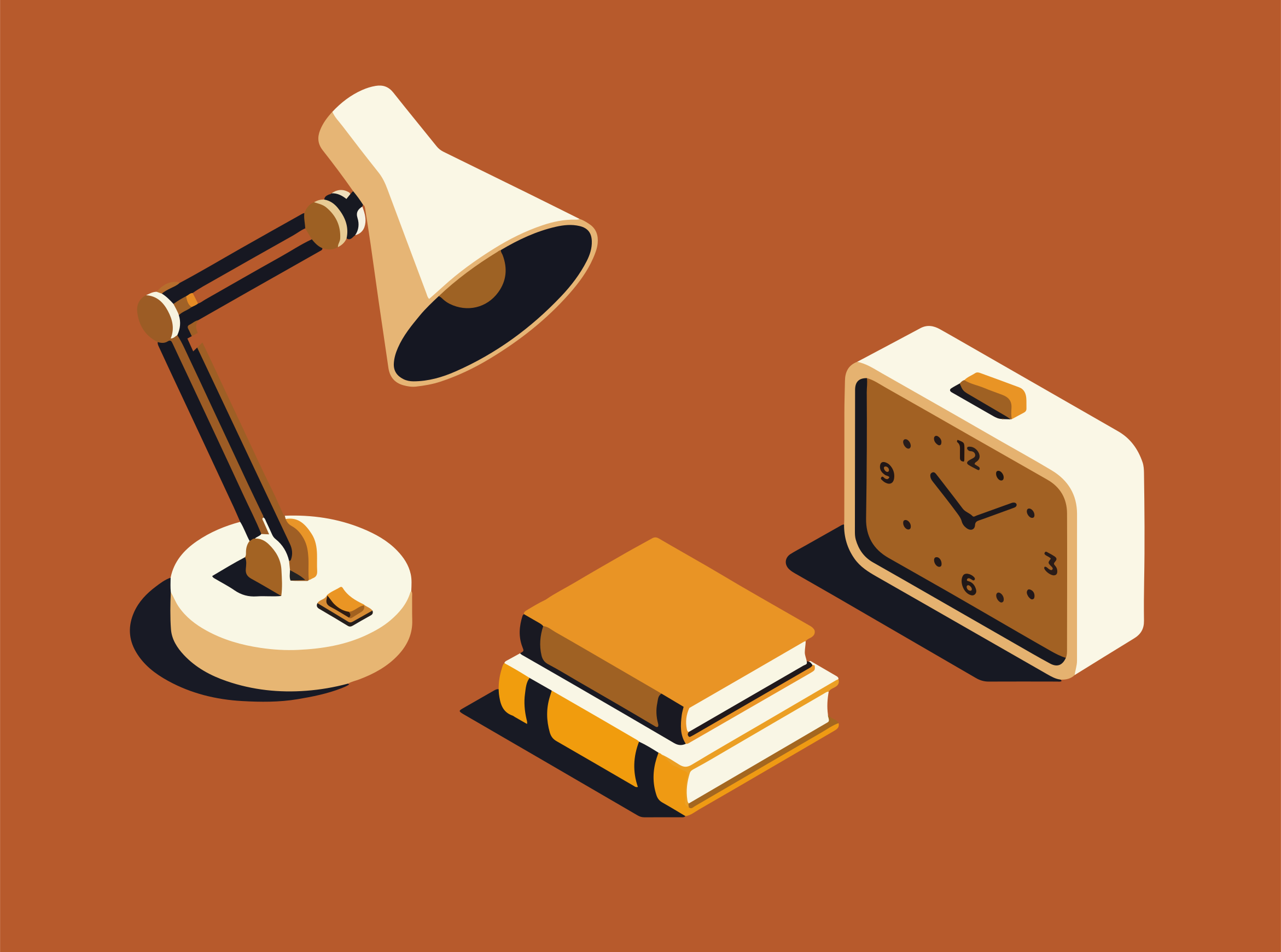 Lámpara de escritorio, libros y reloj sobre fondo marrón