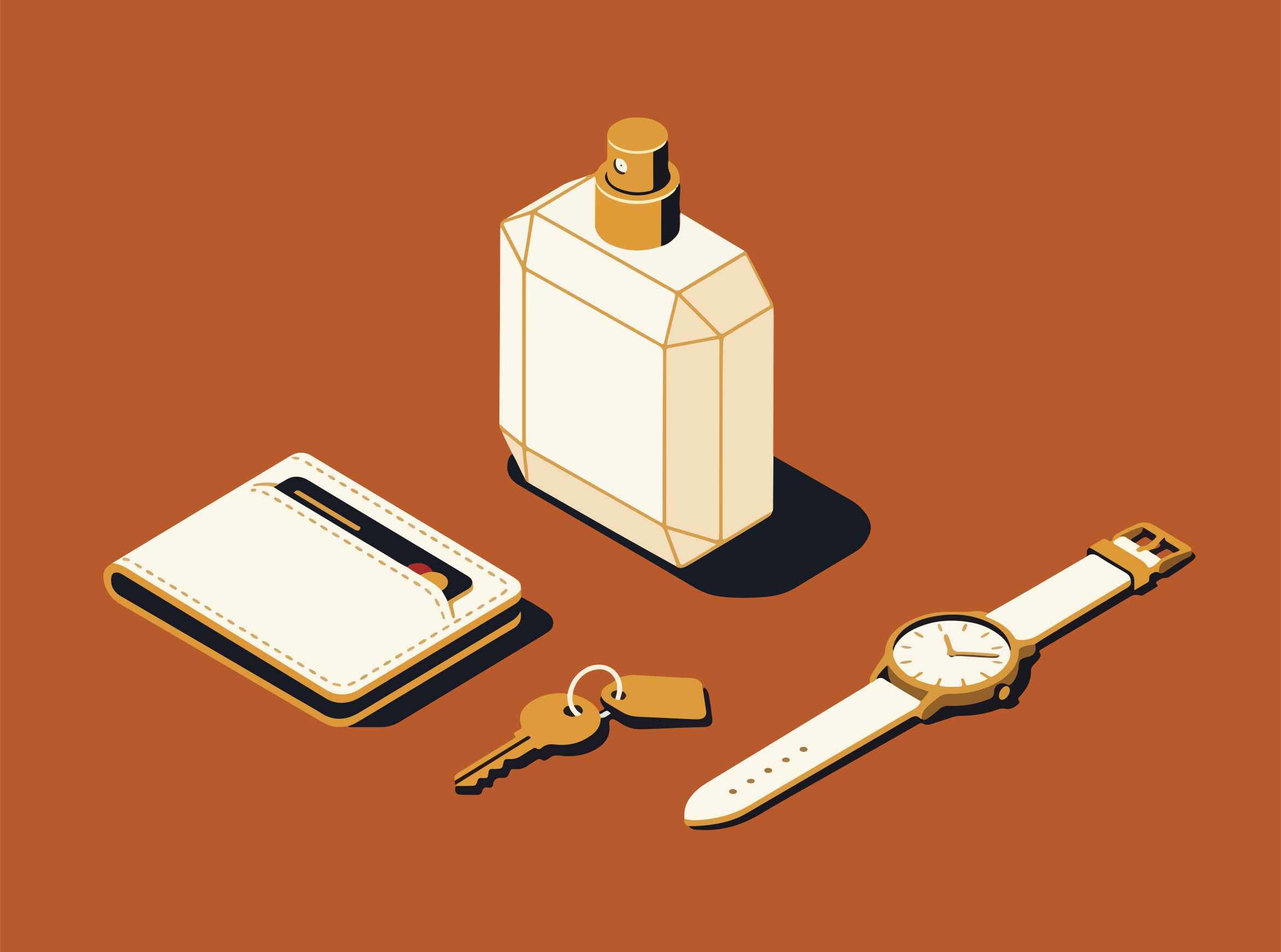 Geldbörse, Schlüssel, Uhr und Parfümflasche auf brauner Oberfläche