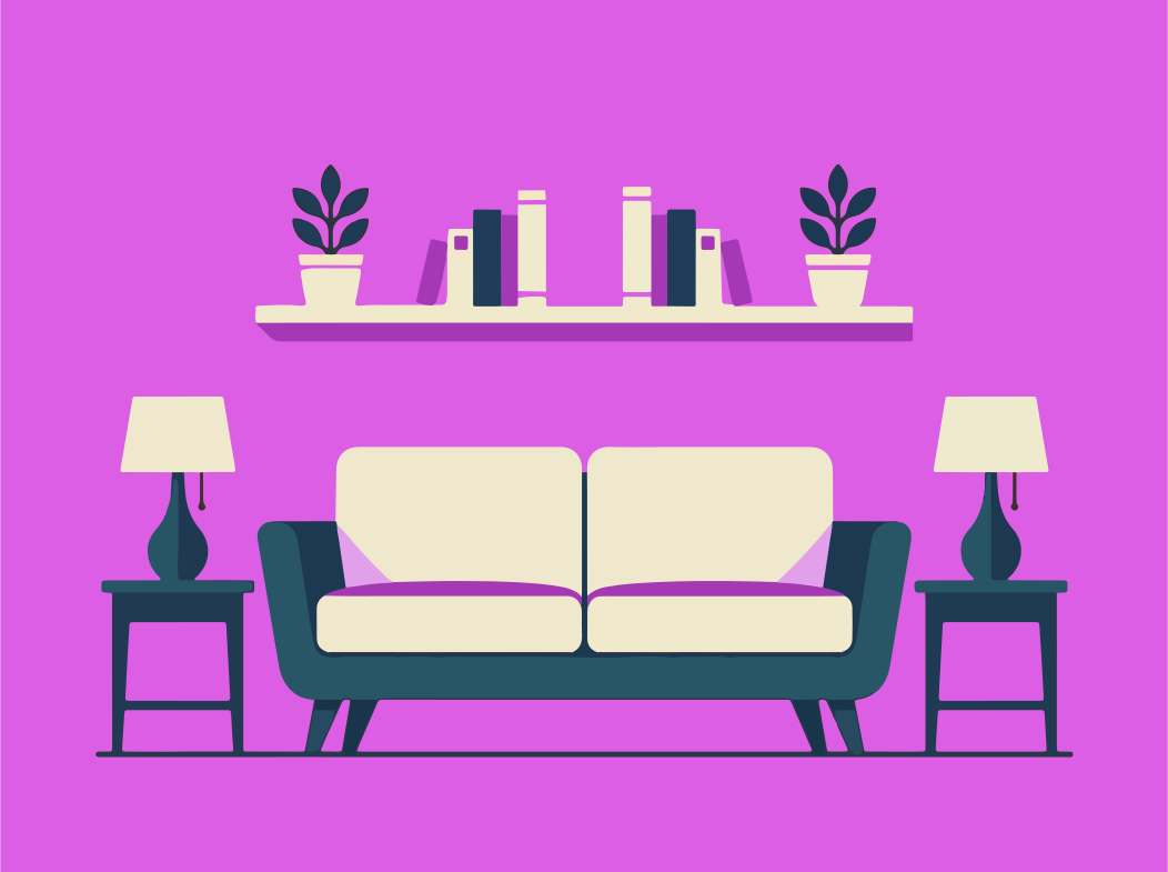 Un salón con un sofá, lámparas y una estantería.