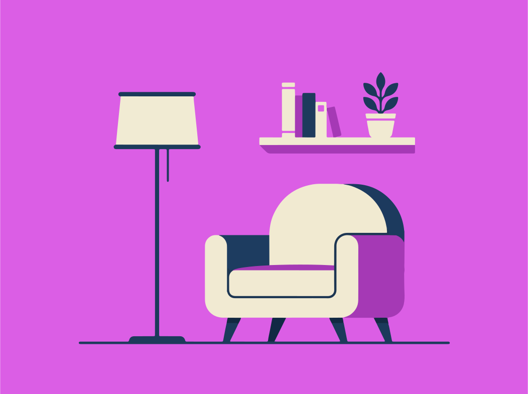 Sillón con lámpara y estantería sobre fondo morado