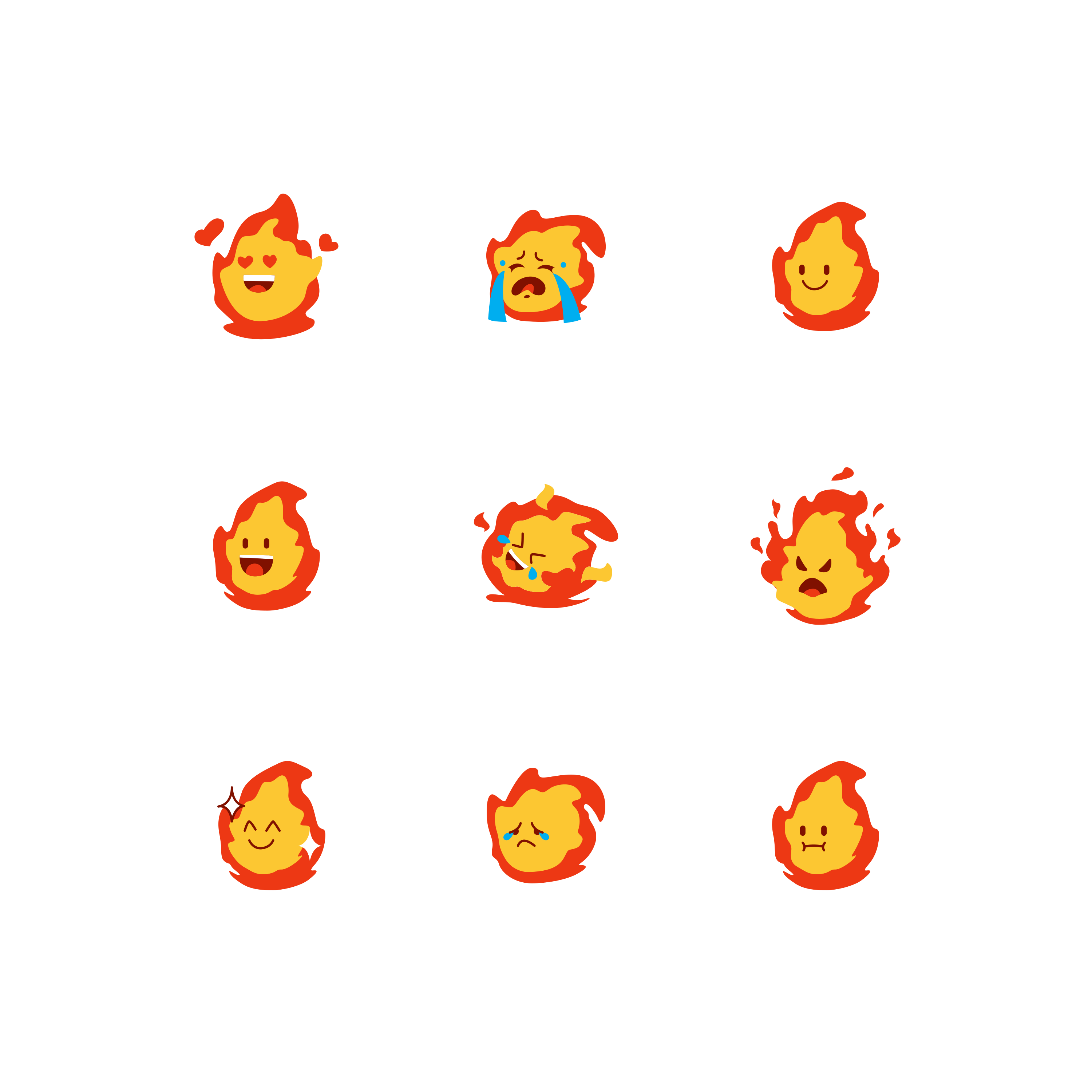 Collection of cartoon fire emoticons with various expressions