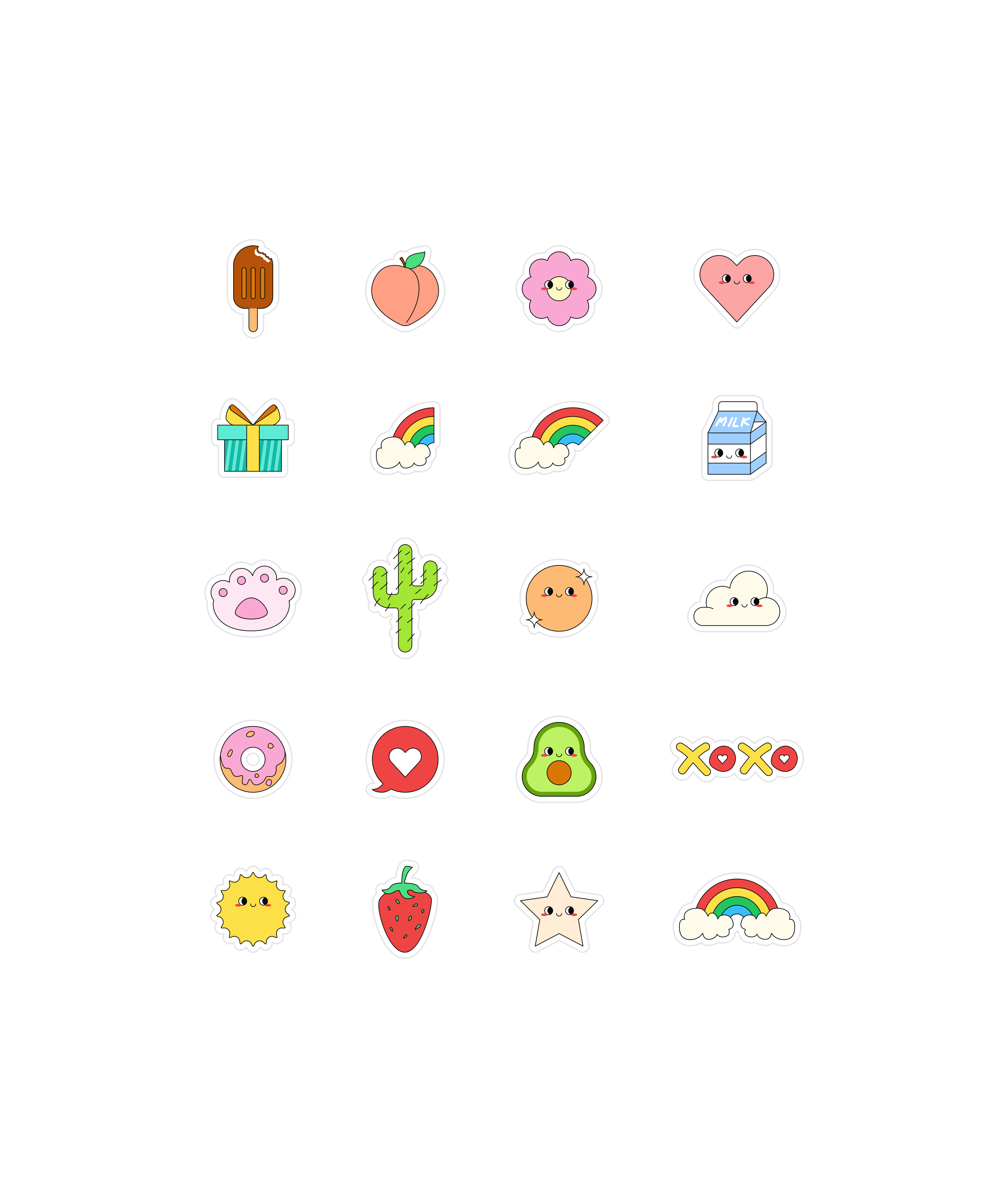 Eine Auswahl niedlicher cartoonartiger Symbole auf weißem Hintergrund