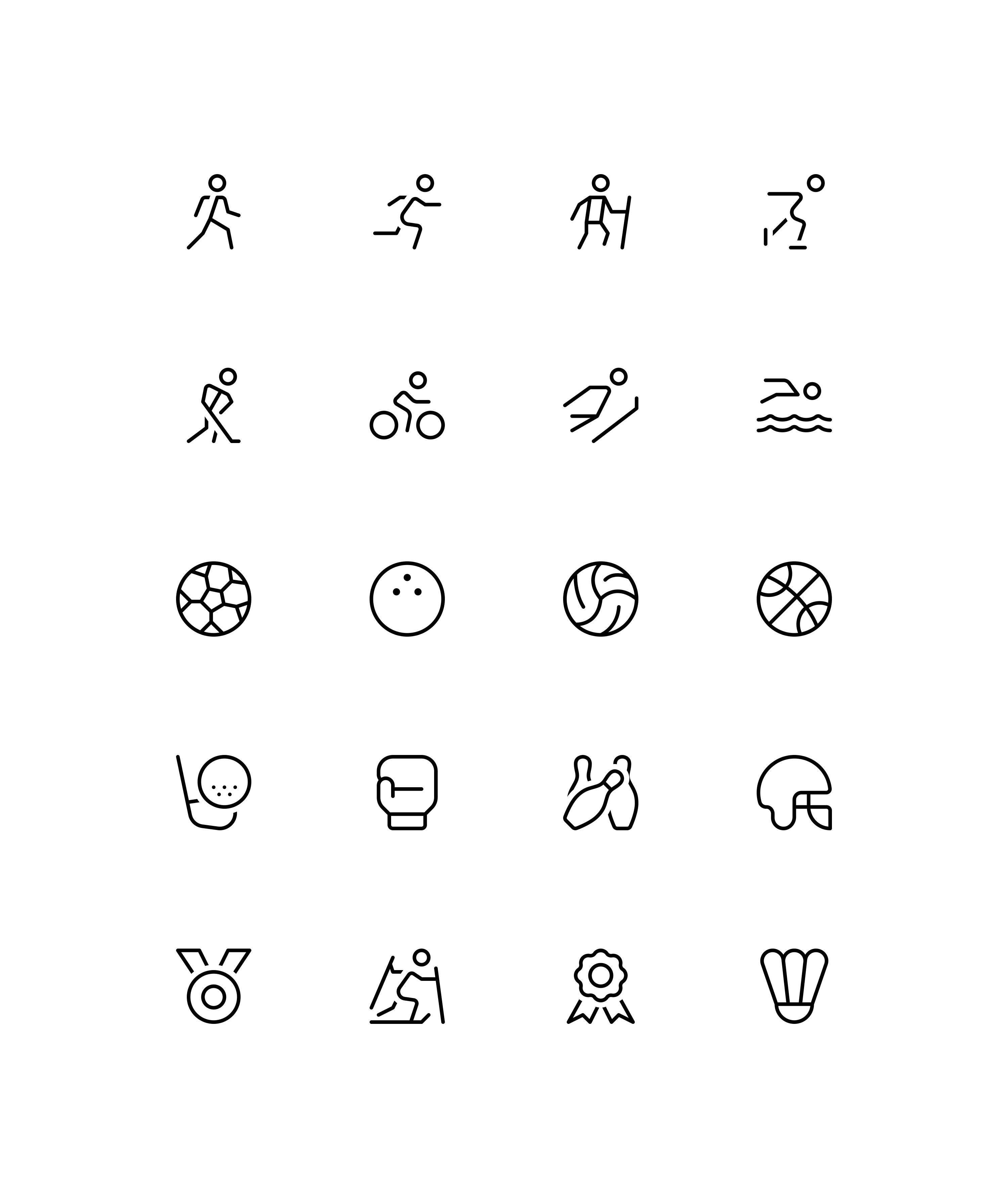 Sammlung verschiedener Sportsymbole auf weißem Hintergrund.