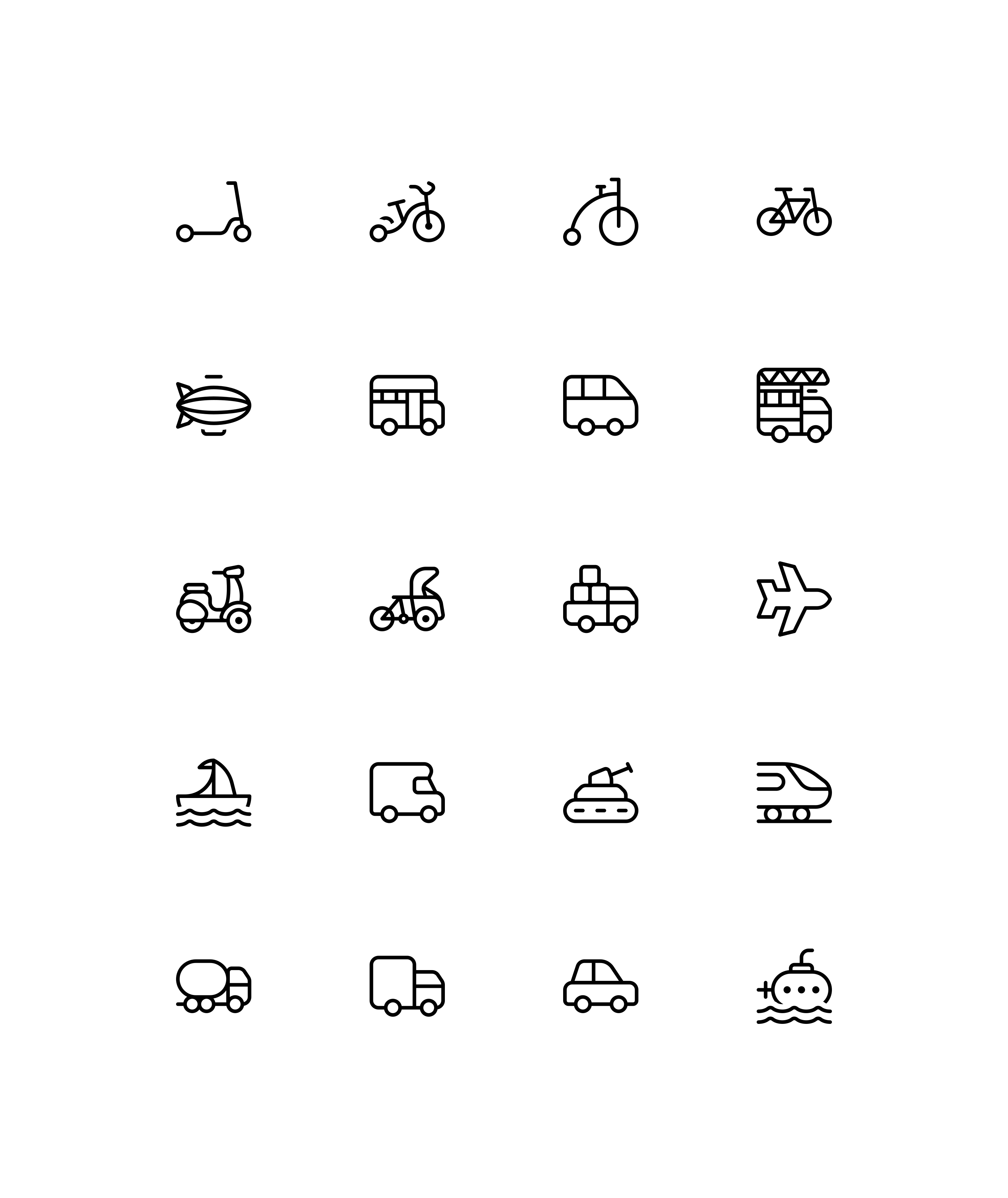 Various modes of transportation icons on white background