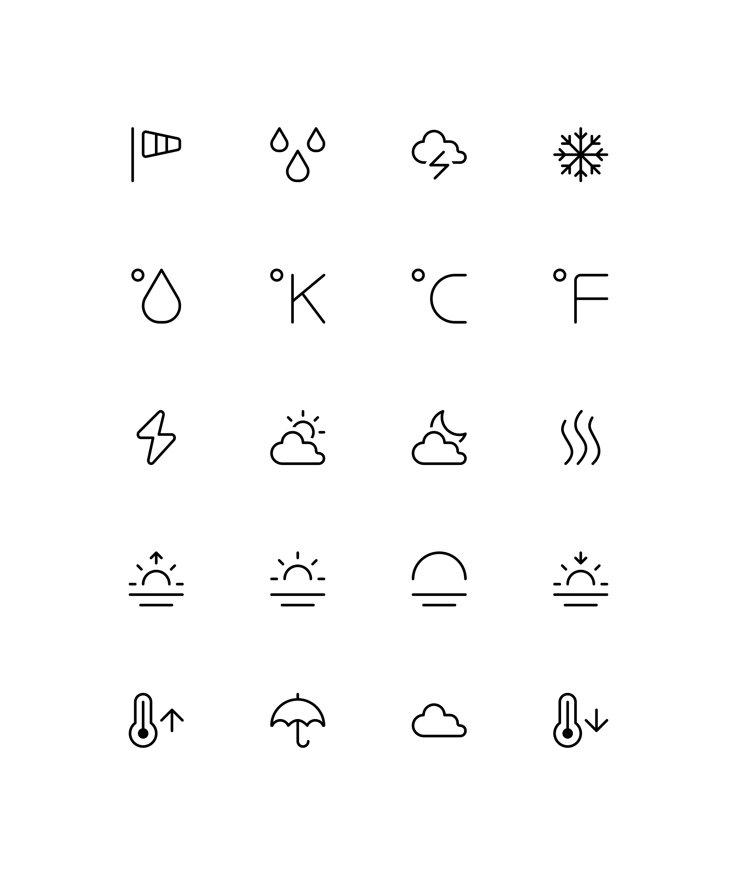 Collection of weather forecast icons on white background
