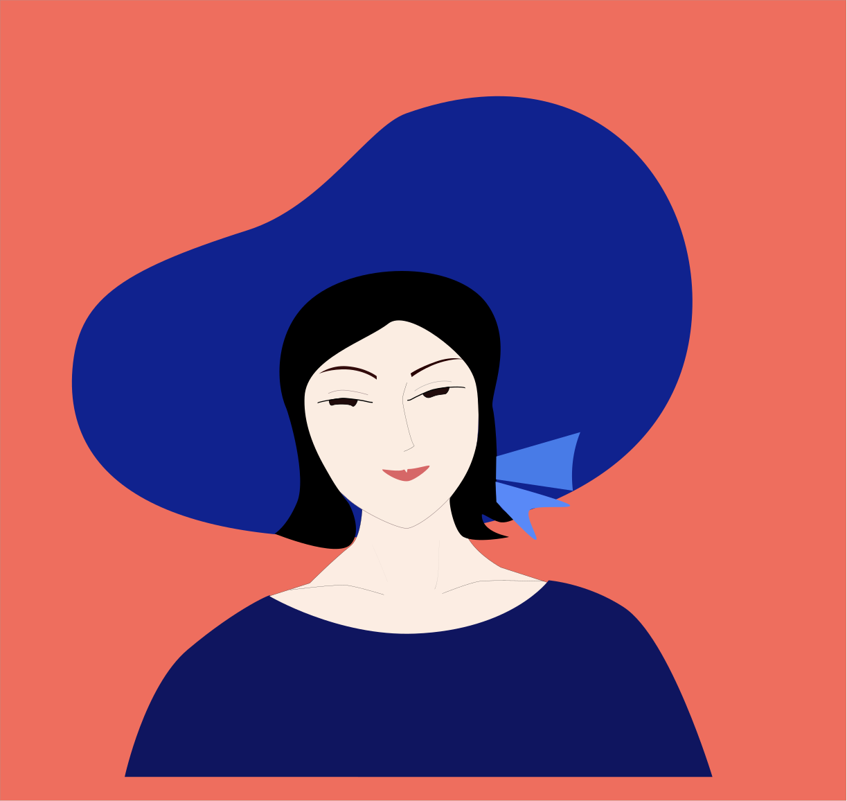 Femme avec un grand chapeau bleu et une robe bleue