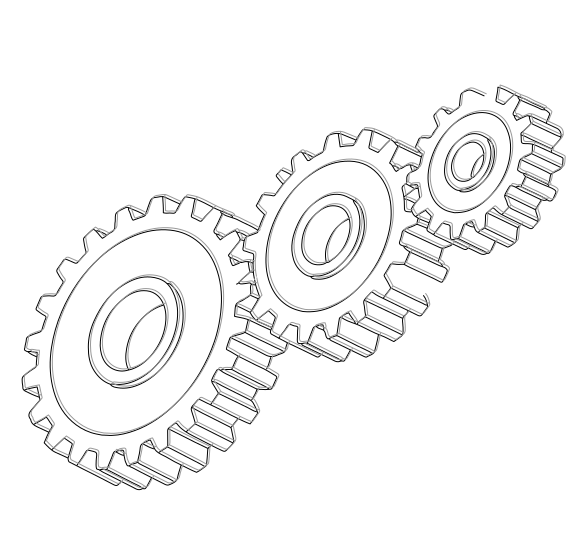Three interlocking gears in a line