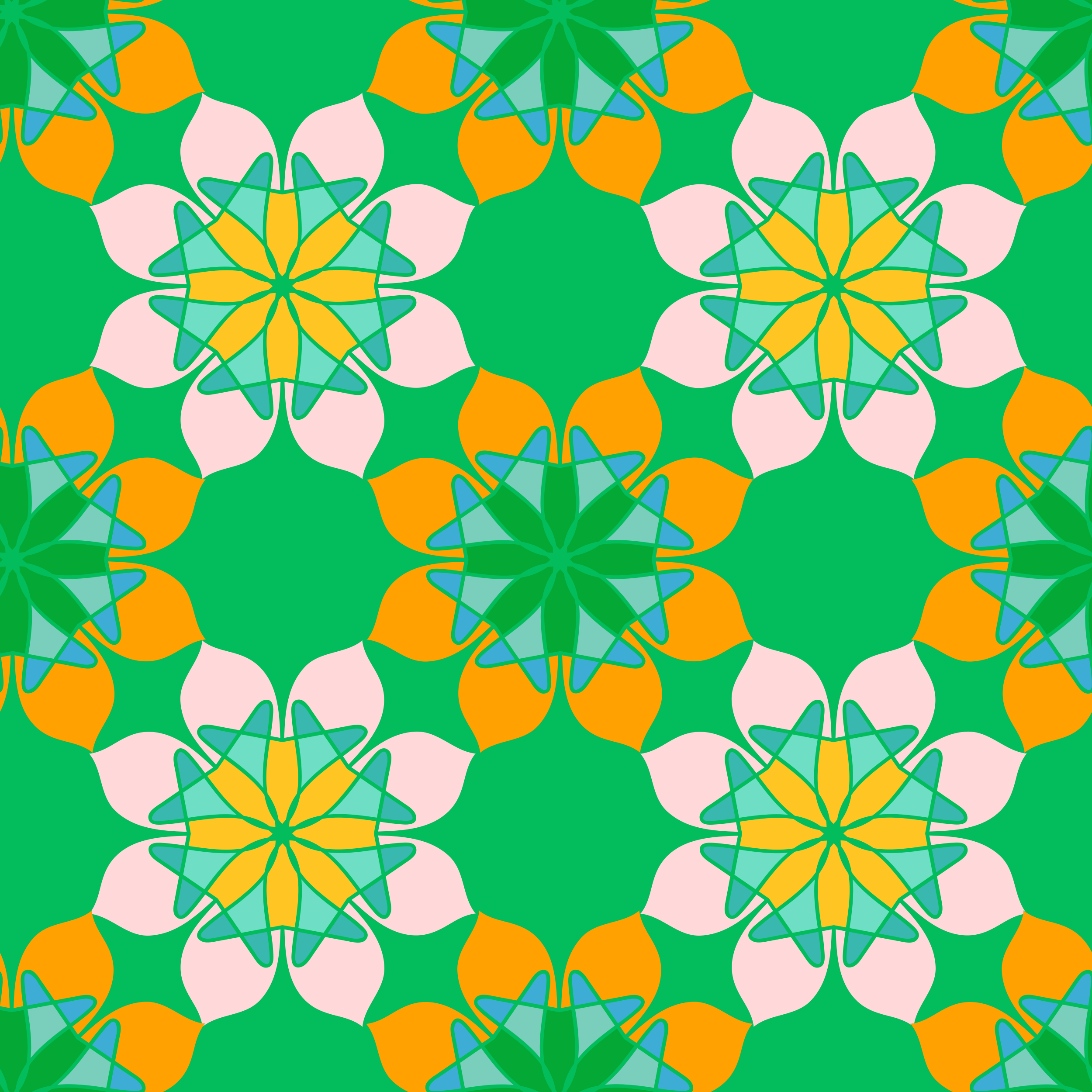 Grüner Hintergrund mit sich wiederholendem Blumen-Mandala-Muster.