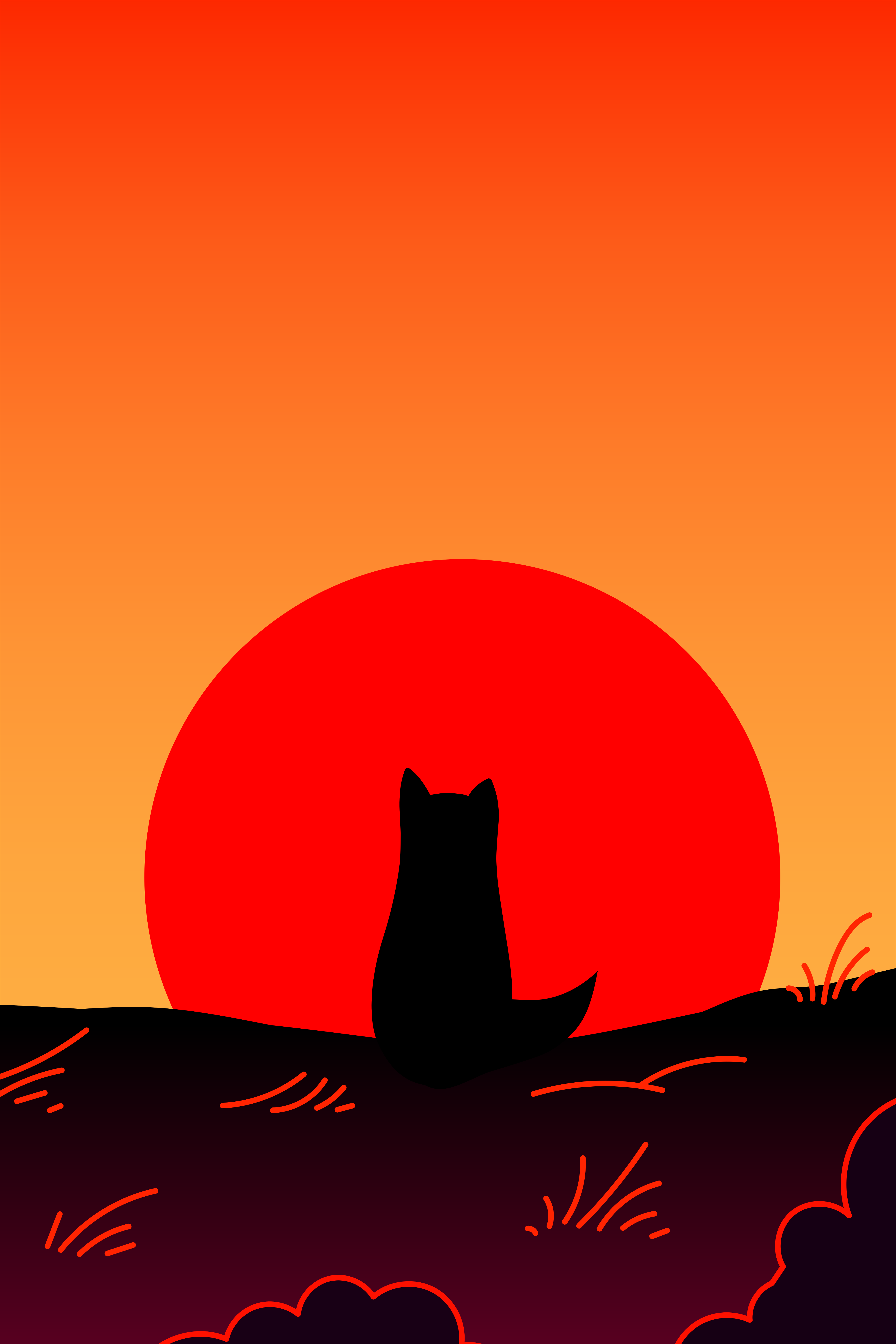 Silhouette of a dog against a large red sun.