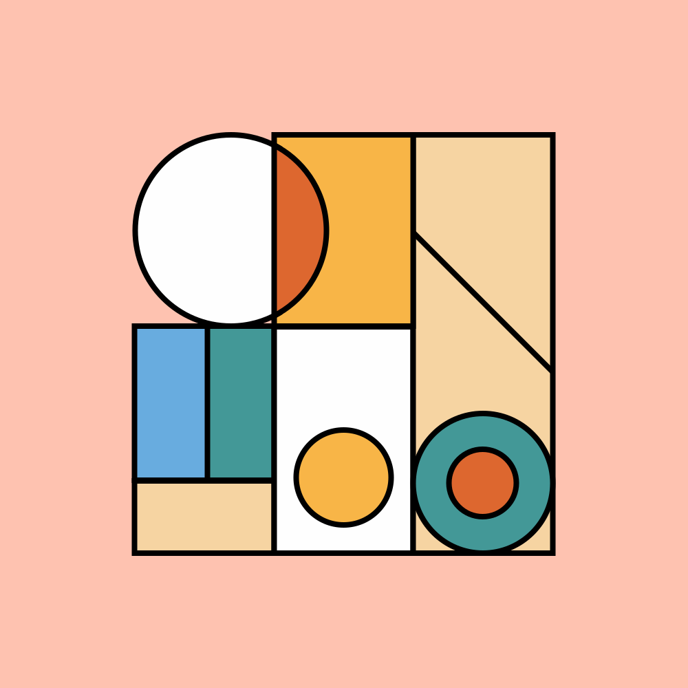 Forme geometriche astratte con colori pastello su sfondo rosa