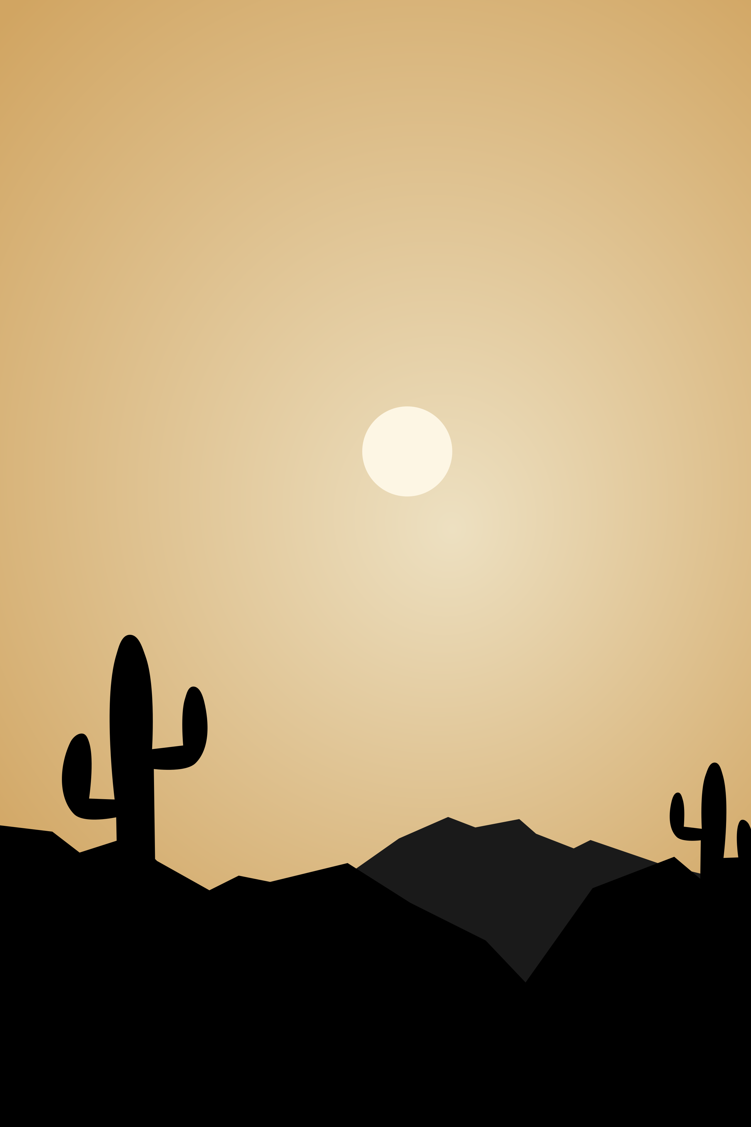 Desert landscape with cacti and mountains at sunset.