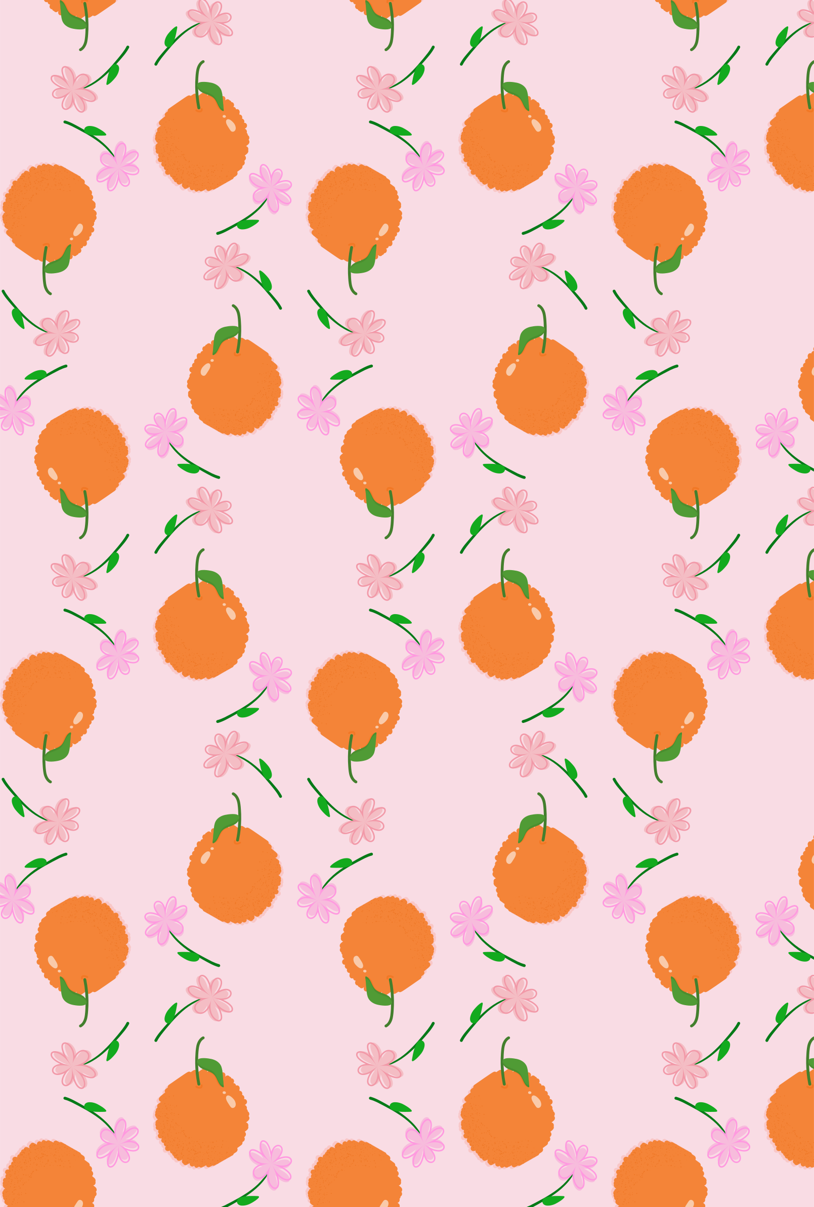 주황색 과일과 분홍색 꽃들이 분홍색 배경 위에 무늬를 이루고 있습니다