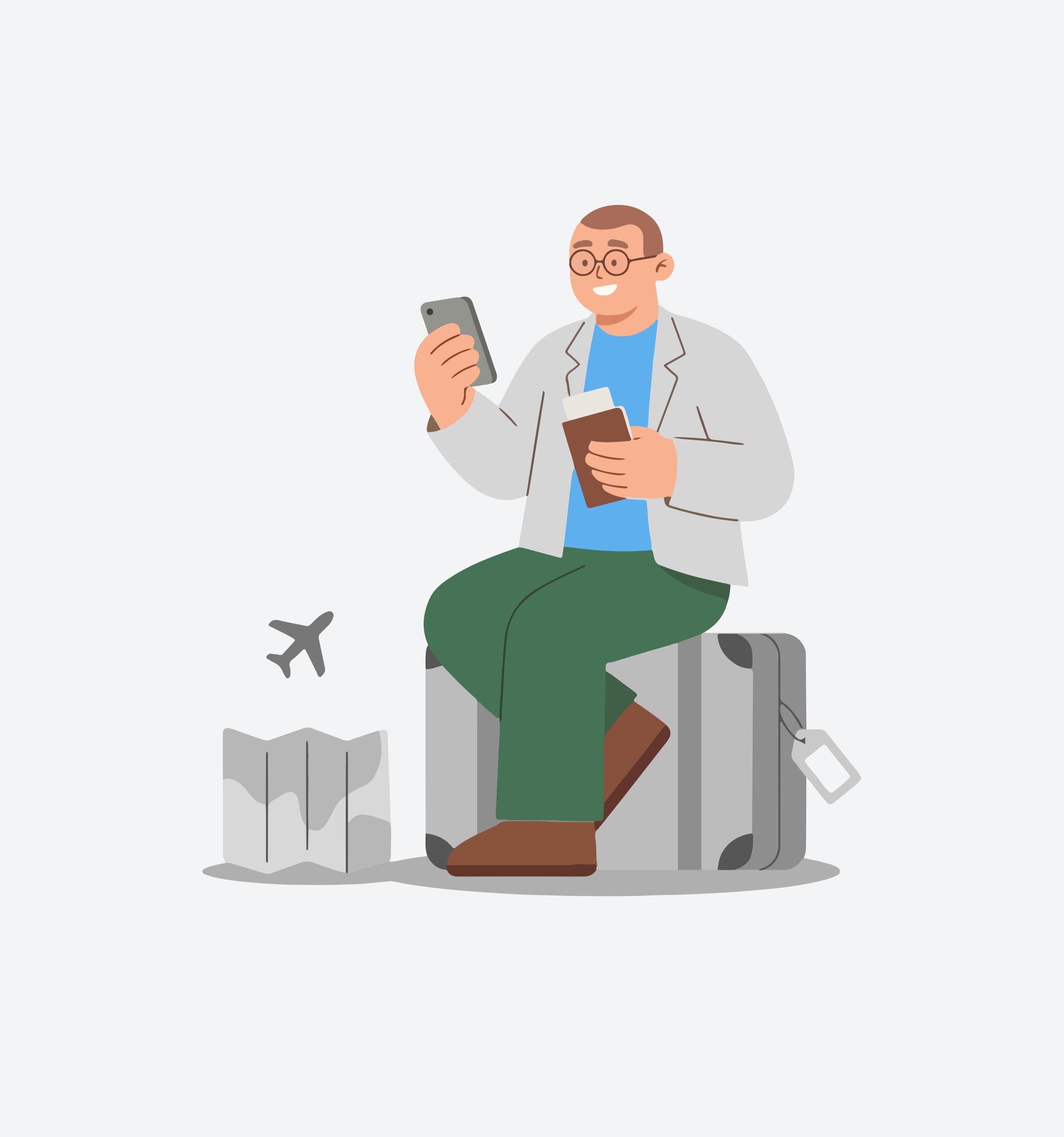 Man with passport and phone sits on suitcase