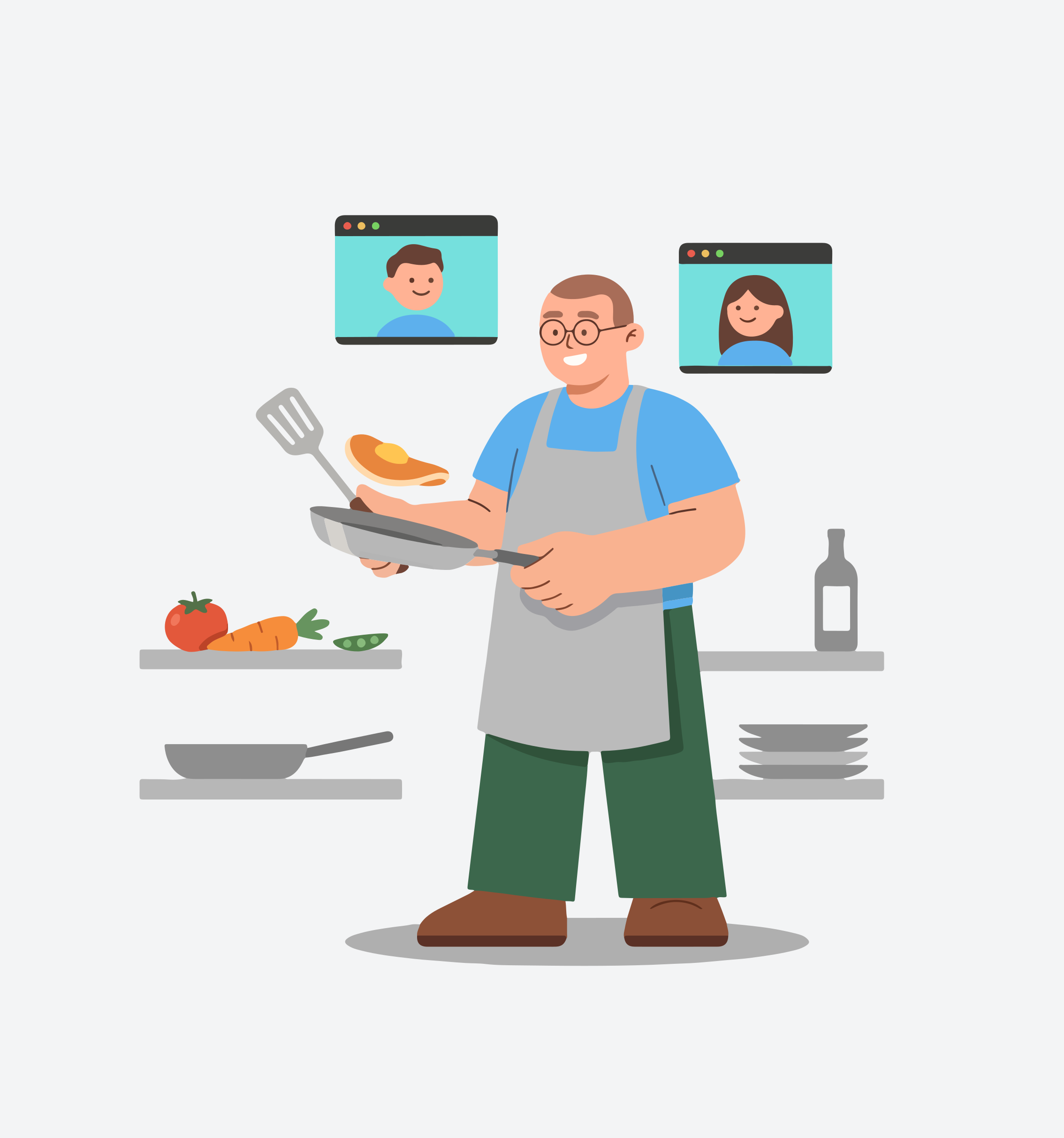 Hombre cocinando con espectadores en pantalla
