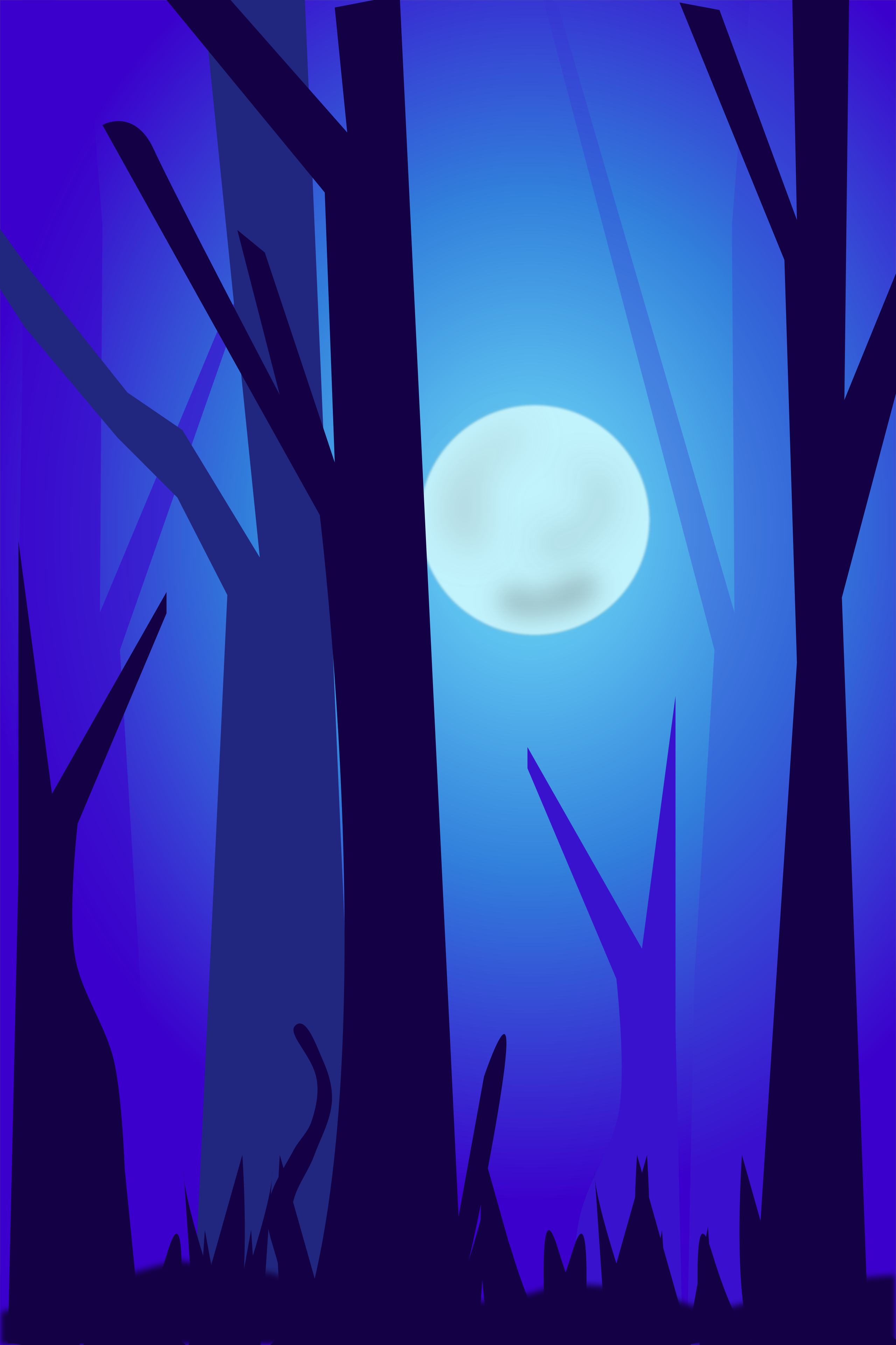 A lua cheia brilha através de uma floresta escura e silhuetada.