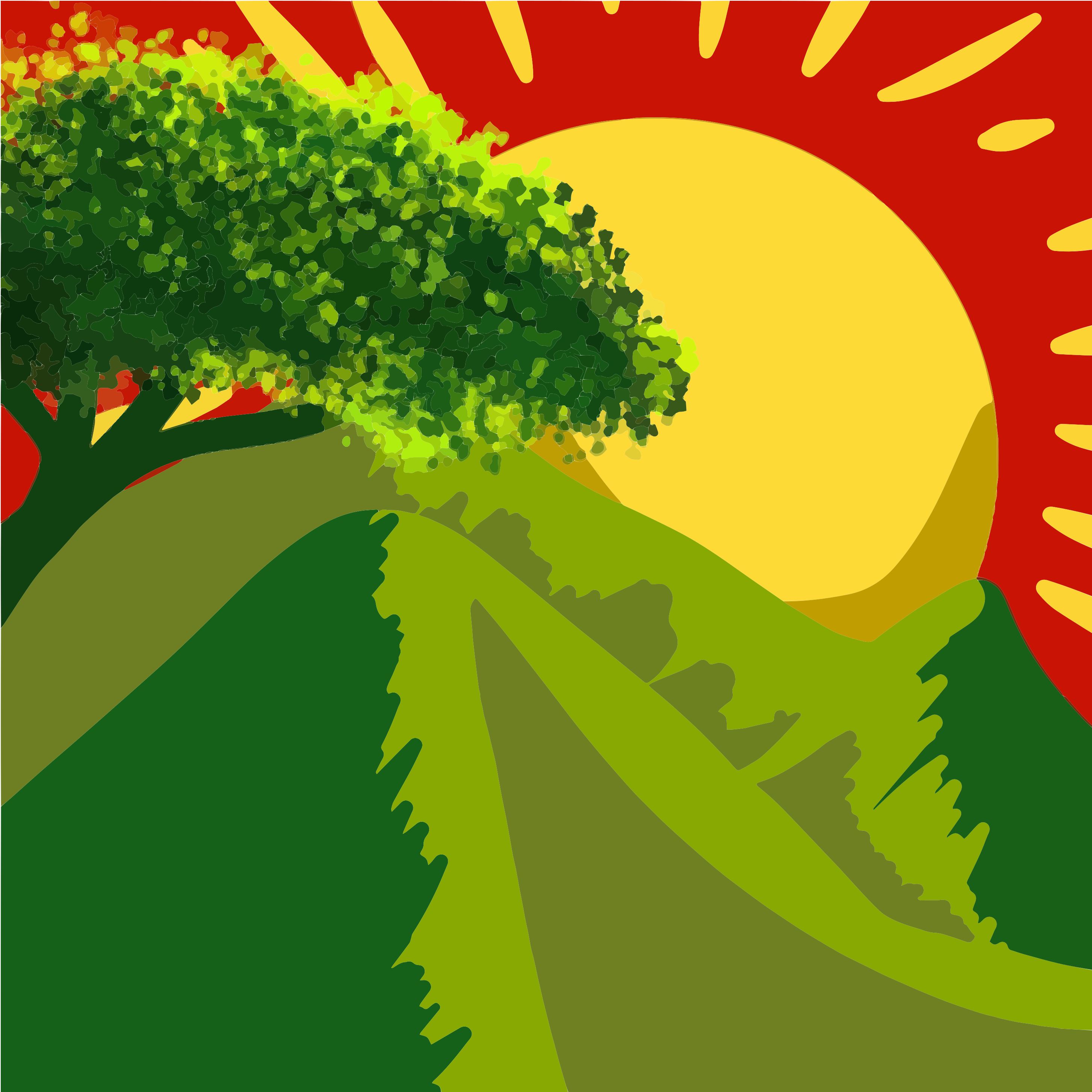 Un sole stilizzato sorge sopra colline verdi e un albero.
