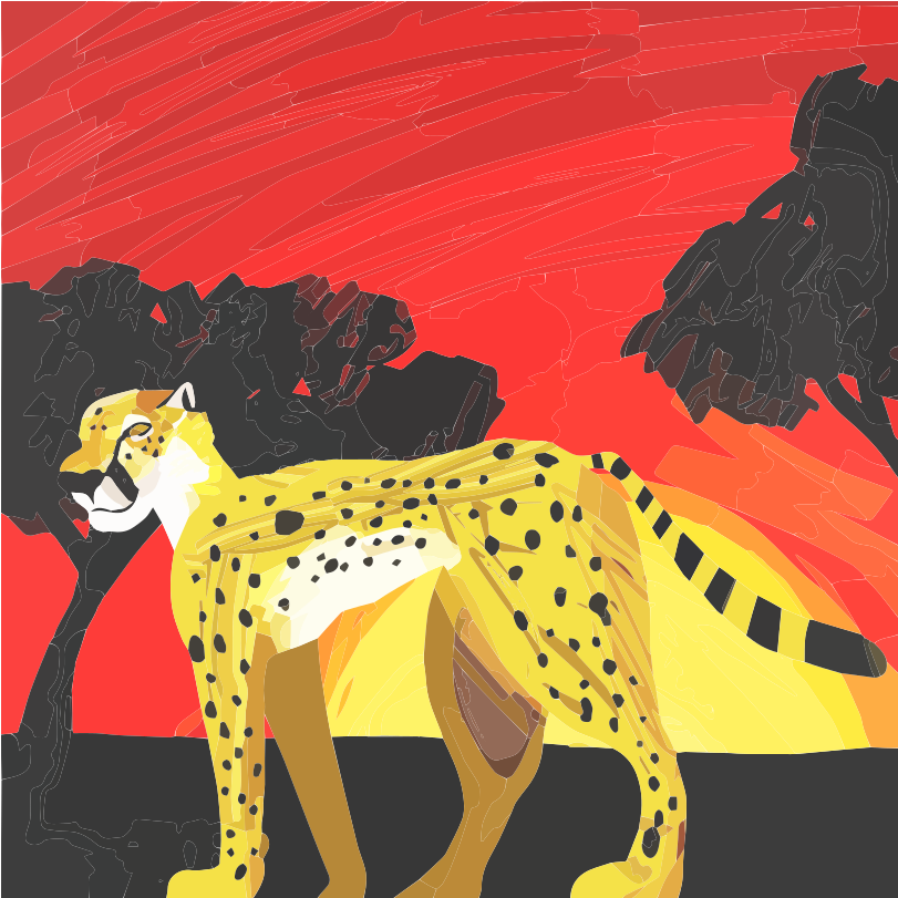 A cheetah walks through trees at sunset.