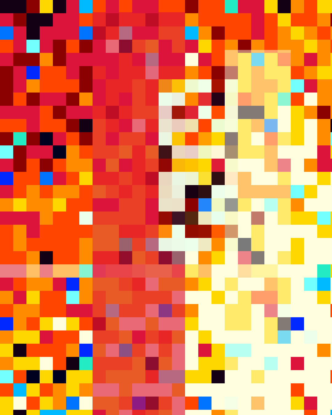 Abstract mosaic of red, orange, yellow, and blue squares.