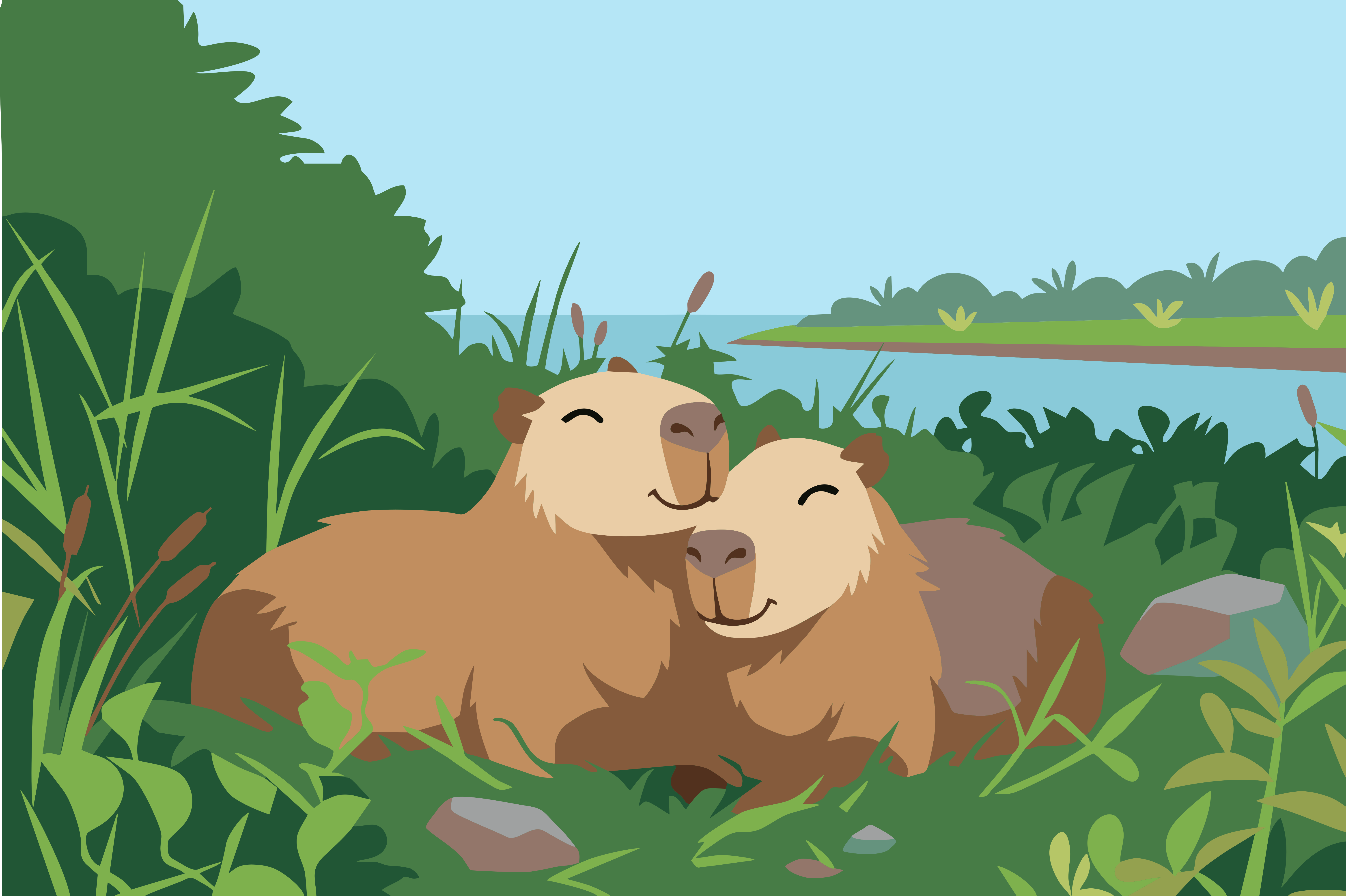 Dois capibaras descansando juntos na grama verdejante.