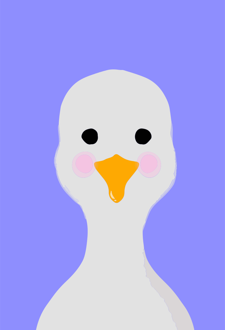 보라색 배경에 분홍 볼을 가진 만화 오리