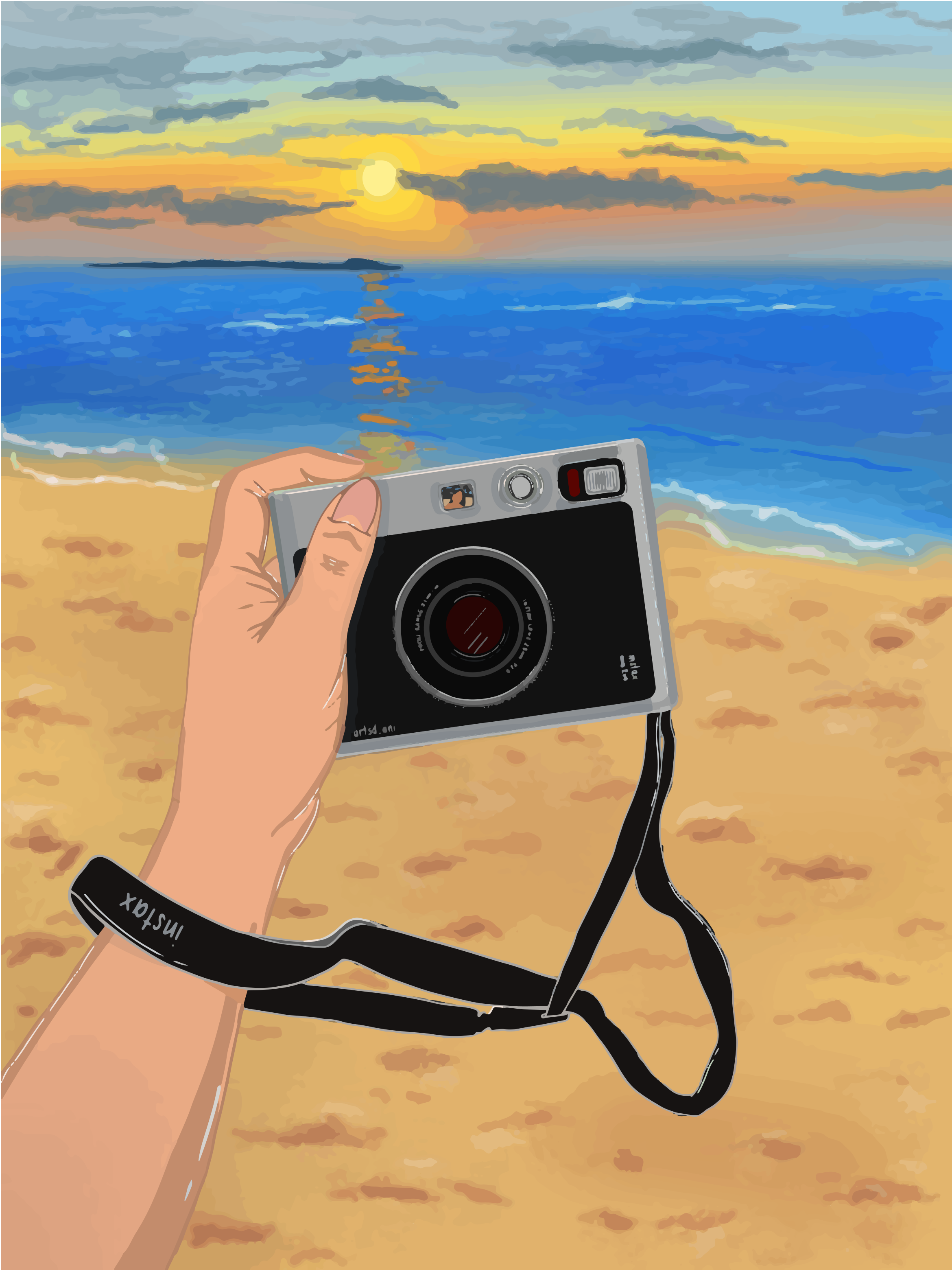 Handhaltende Sofortbildkamera am Strand bei Sonnenuntergang