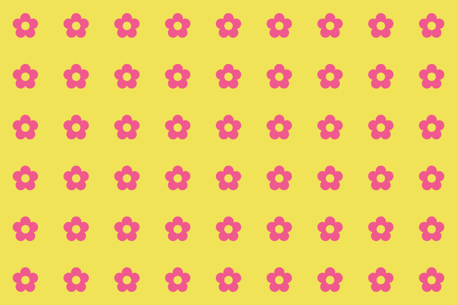 Repeating pattern of pink flowers on yellow background