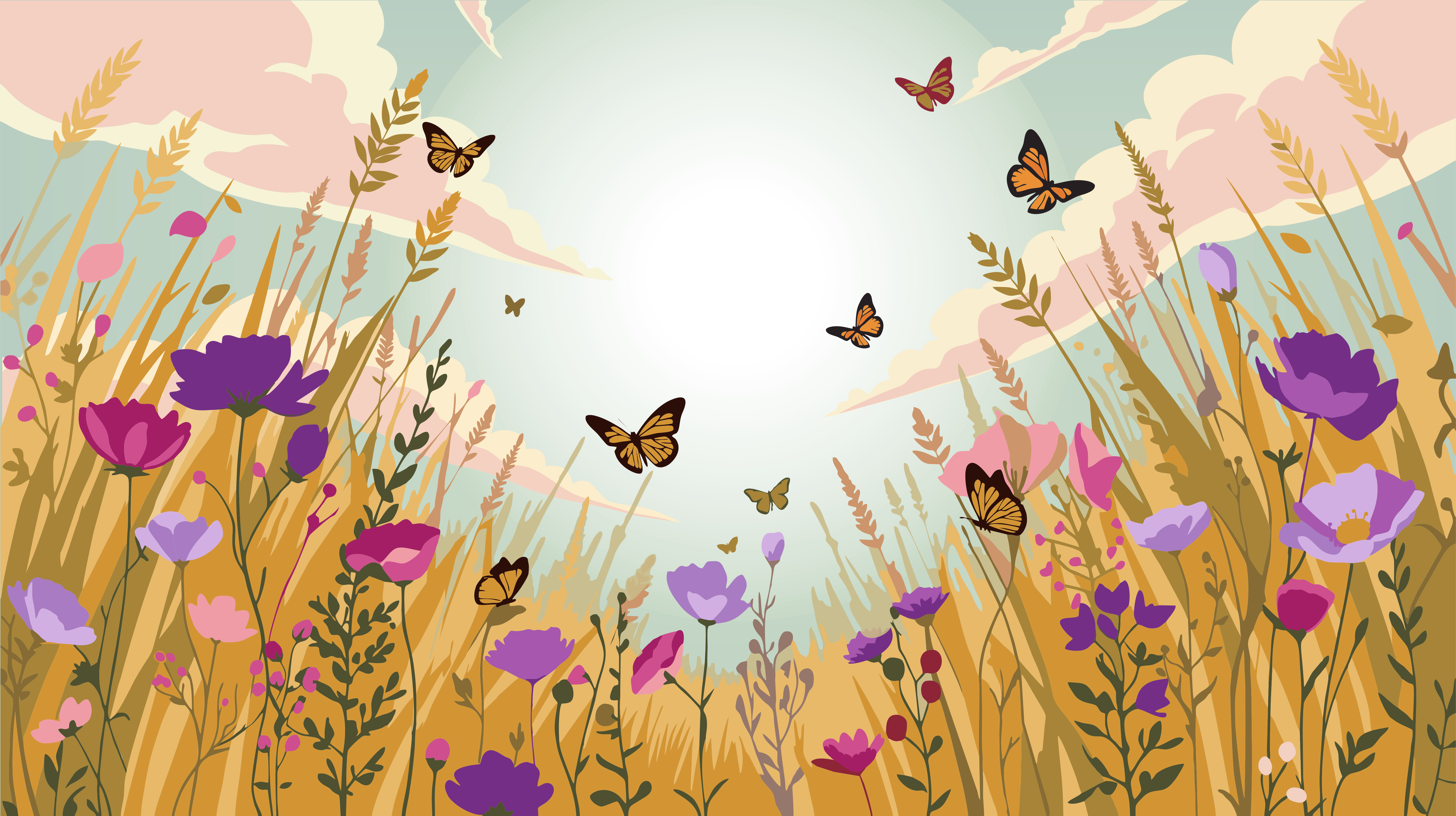 Butterflies flying over a field of wildflowers