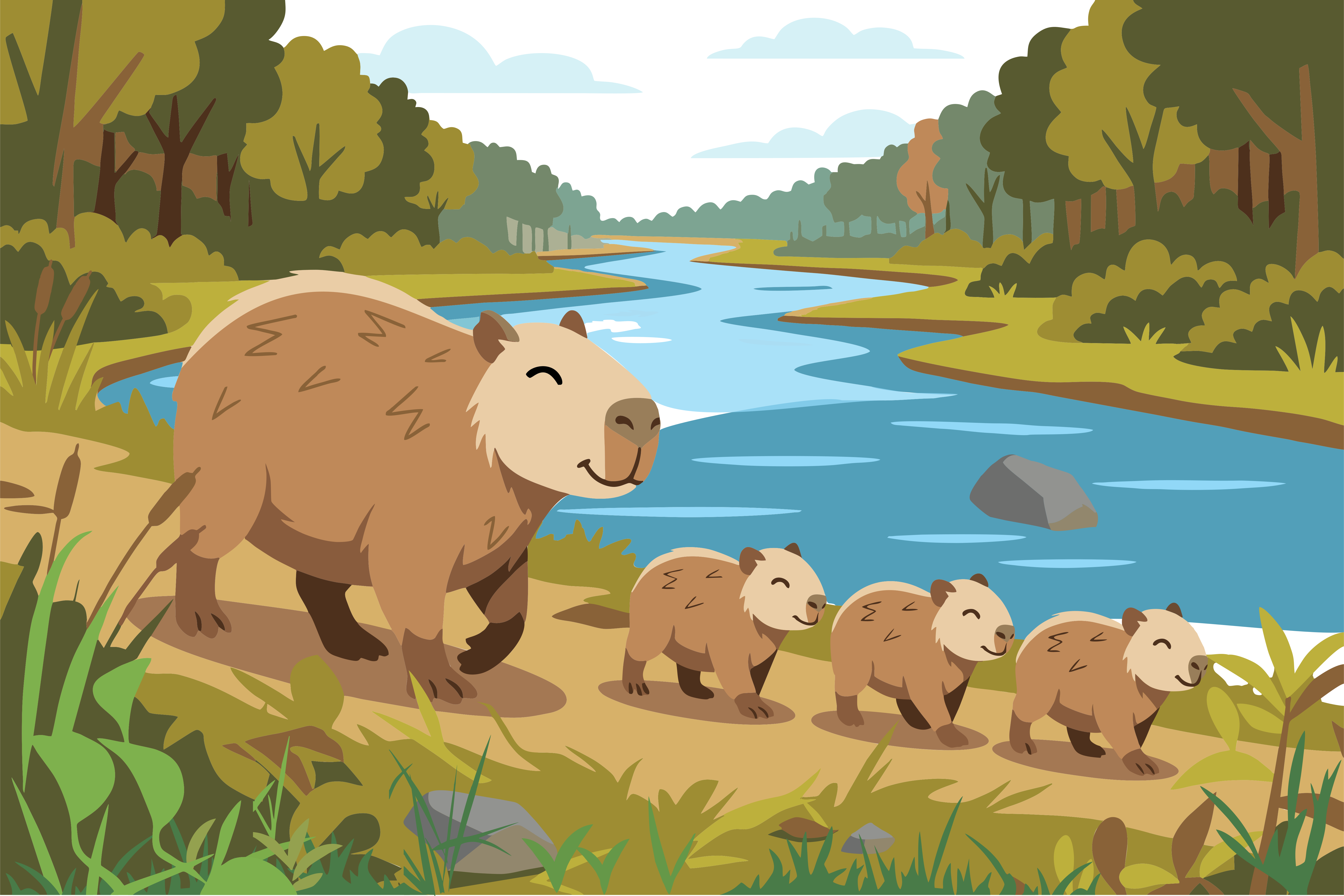 Família Capybara caminhando ao longo de uma margem de rio