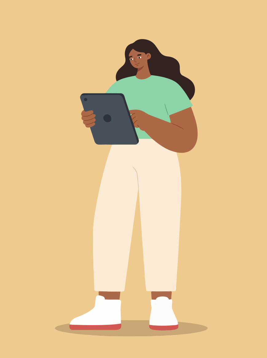Woman holding a tablet computer on a beige background