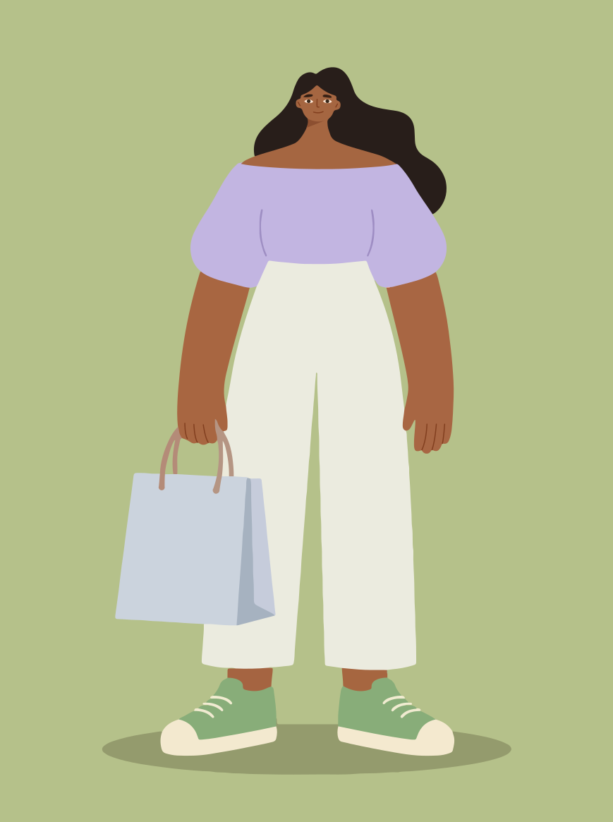 Uma mulher segurando uma sacola de compras em um fundo verde.