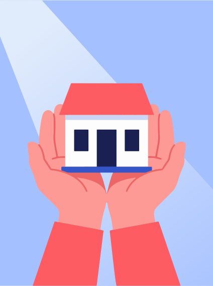 Hands holding a small house with light rays.