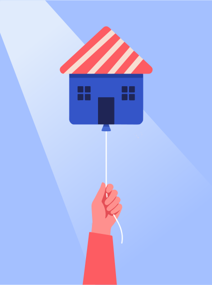 Mano che tiene un palloncino a forma di casa.