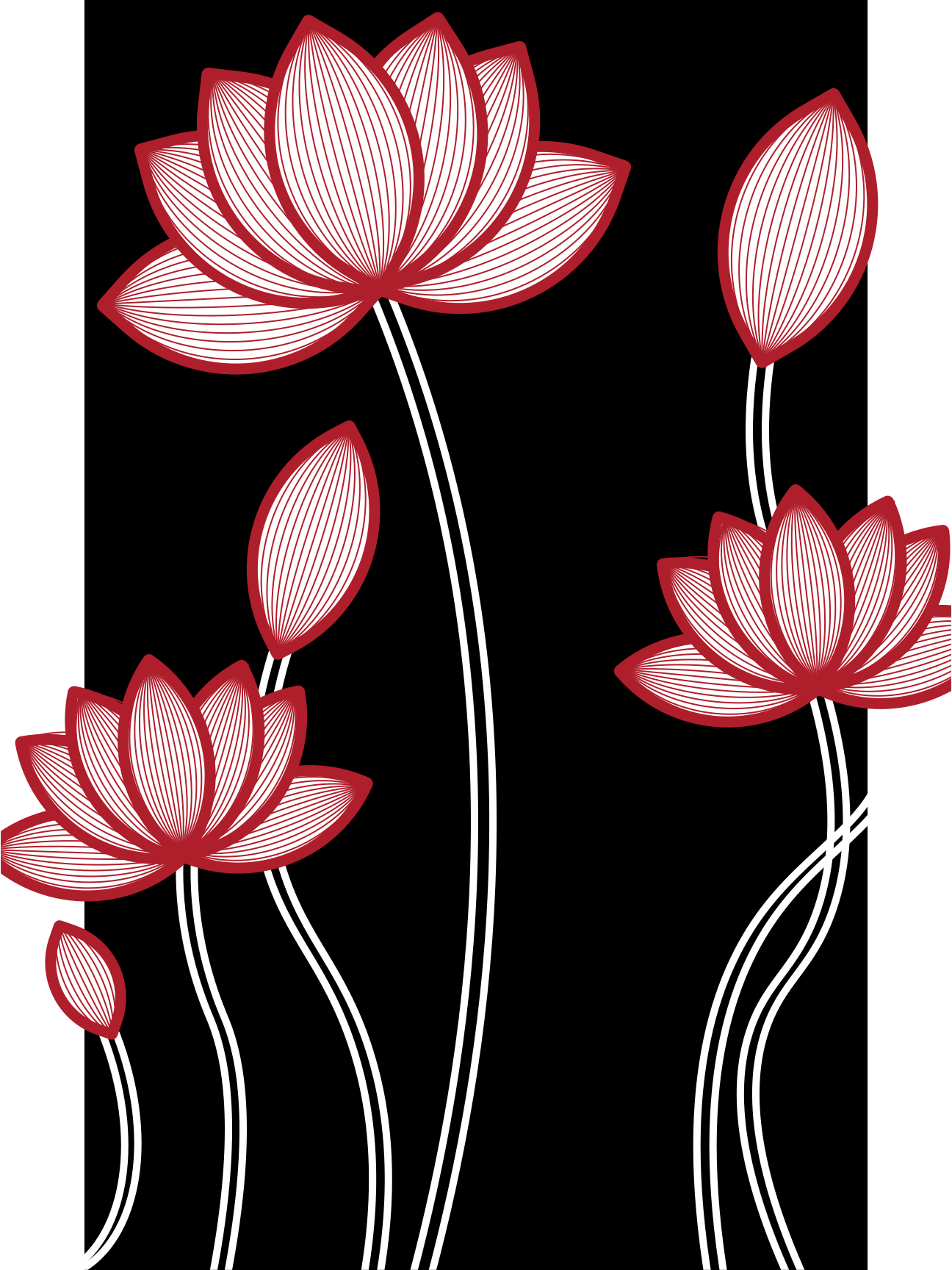 Stylized red lotus flowers against a black background