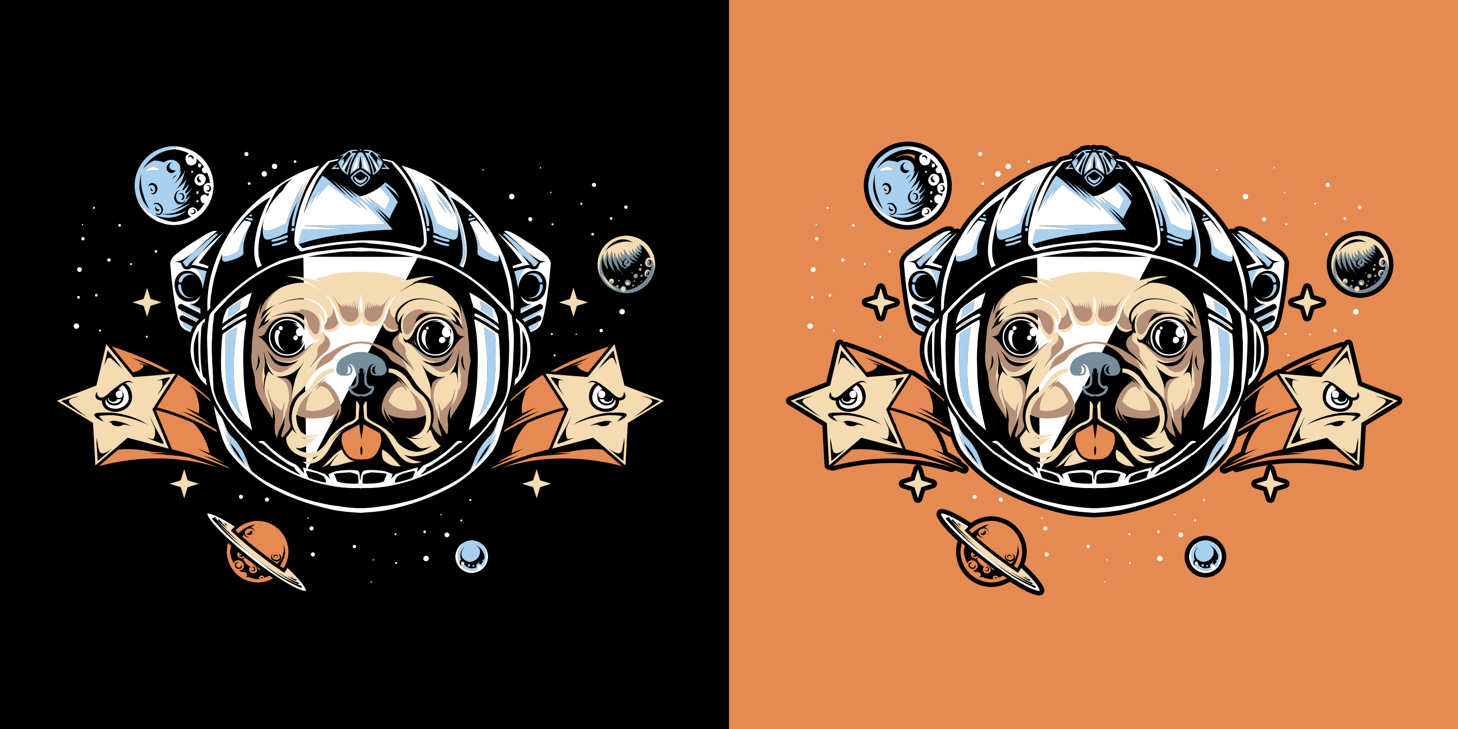 A pug wearing an astronaut helmet in space.