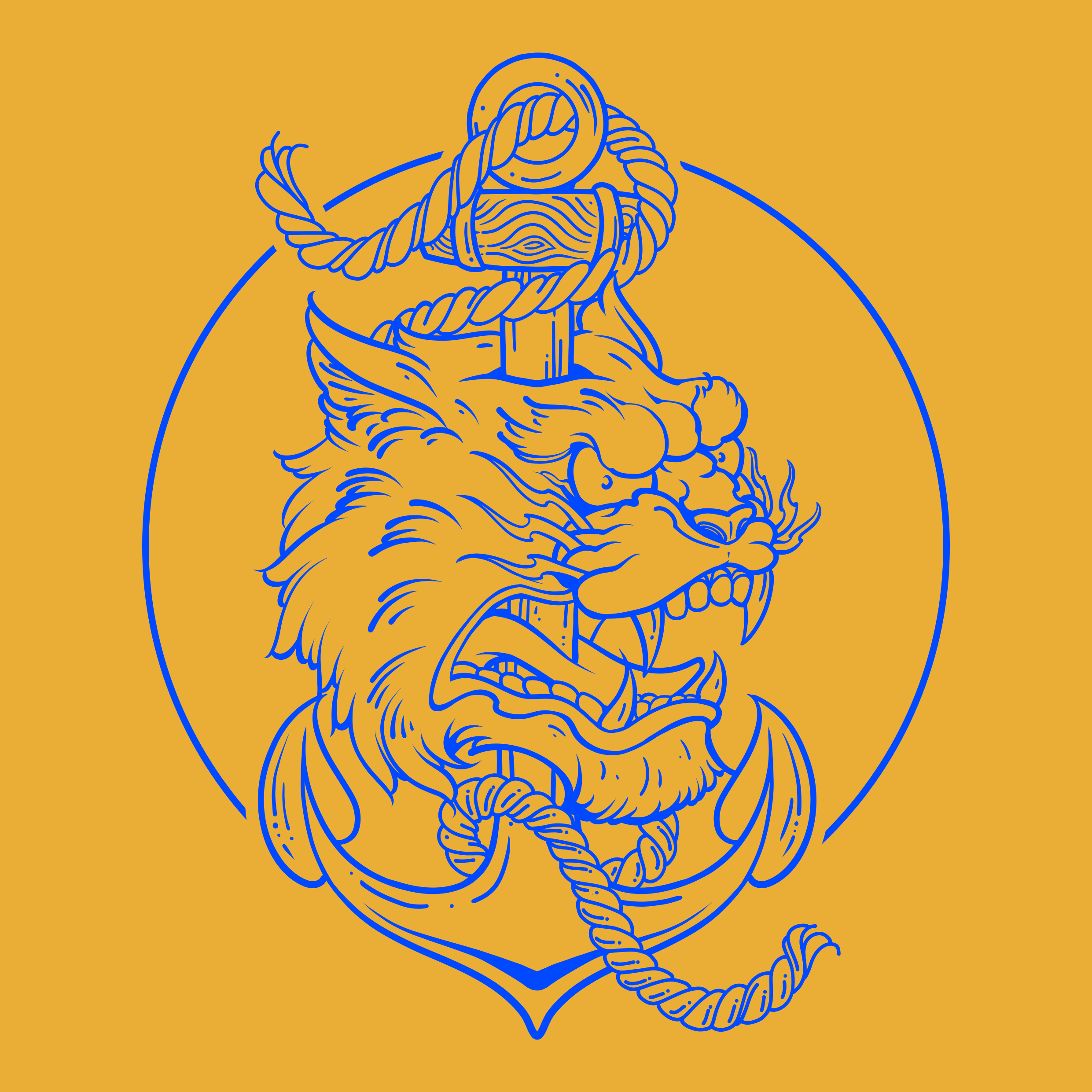 An anchor with a snarling wolf head and rope