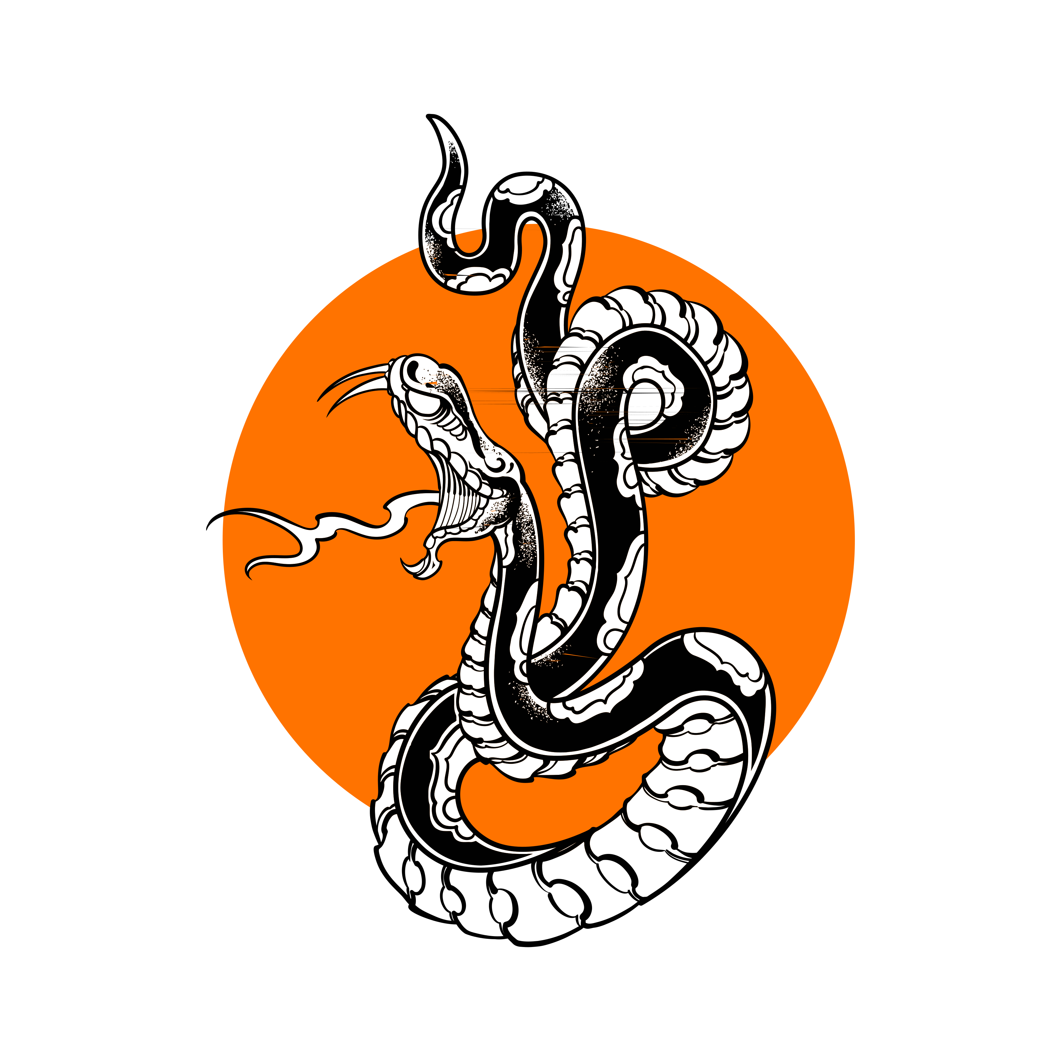 Un serpente bianco e nero avvolto con un cerchio arancione.
