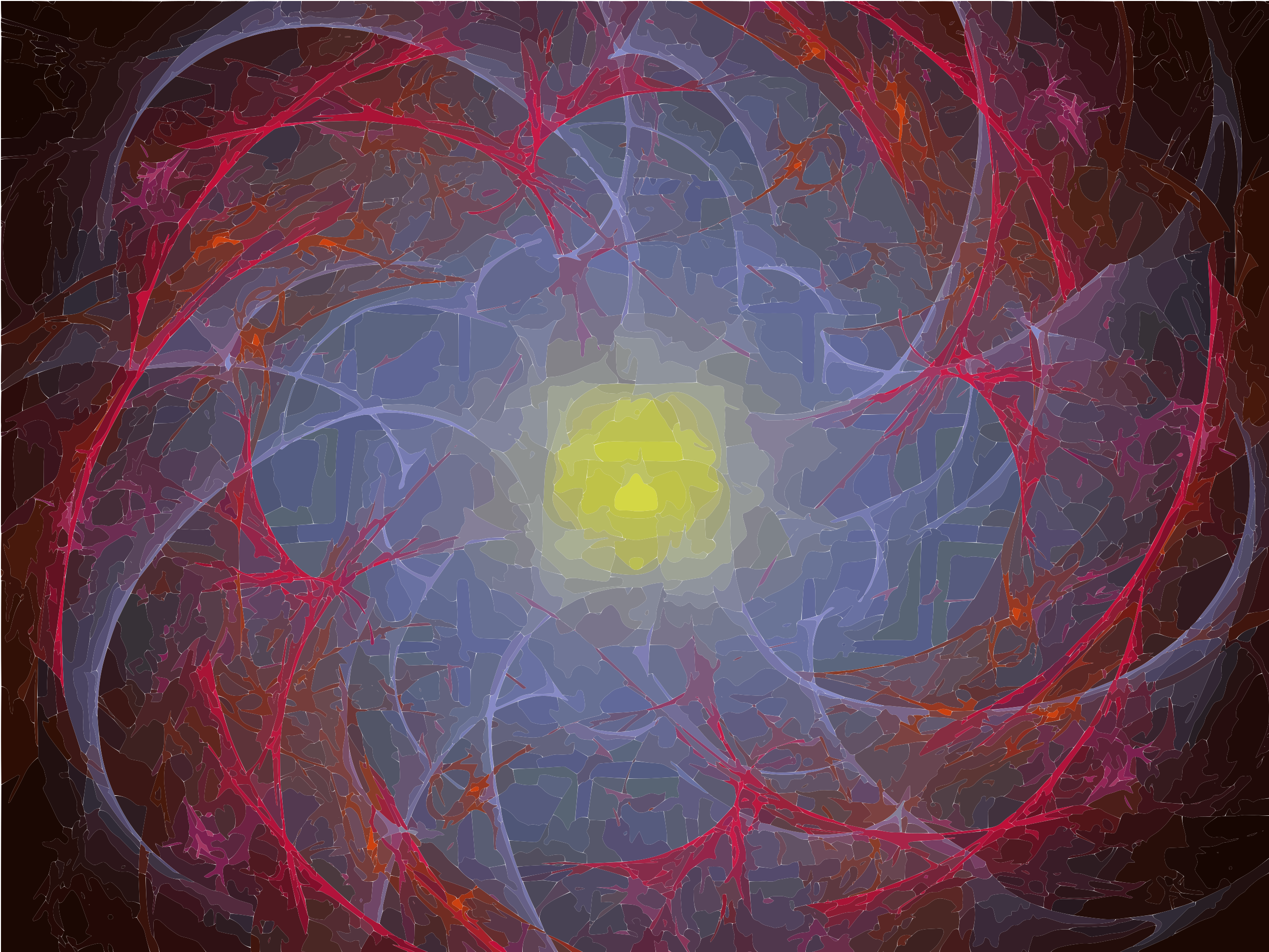 Abstraktes, buntes, wirbelndes Fraktalmuster mit gelbem Zentrum