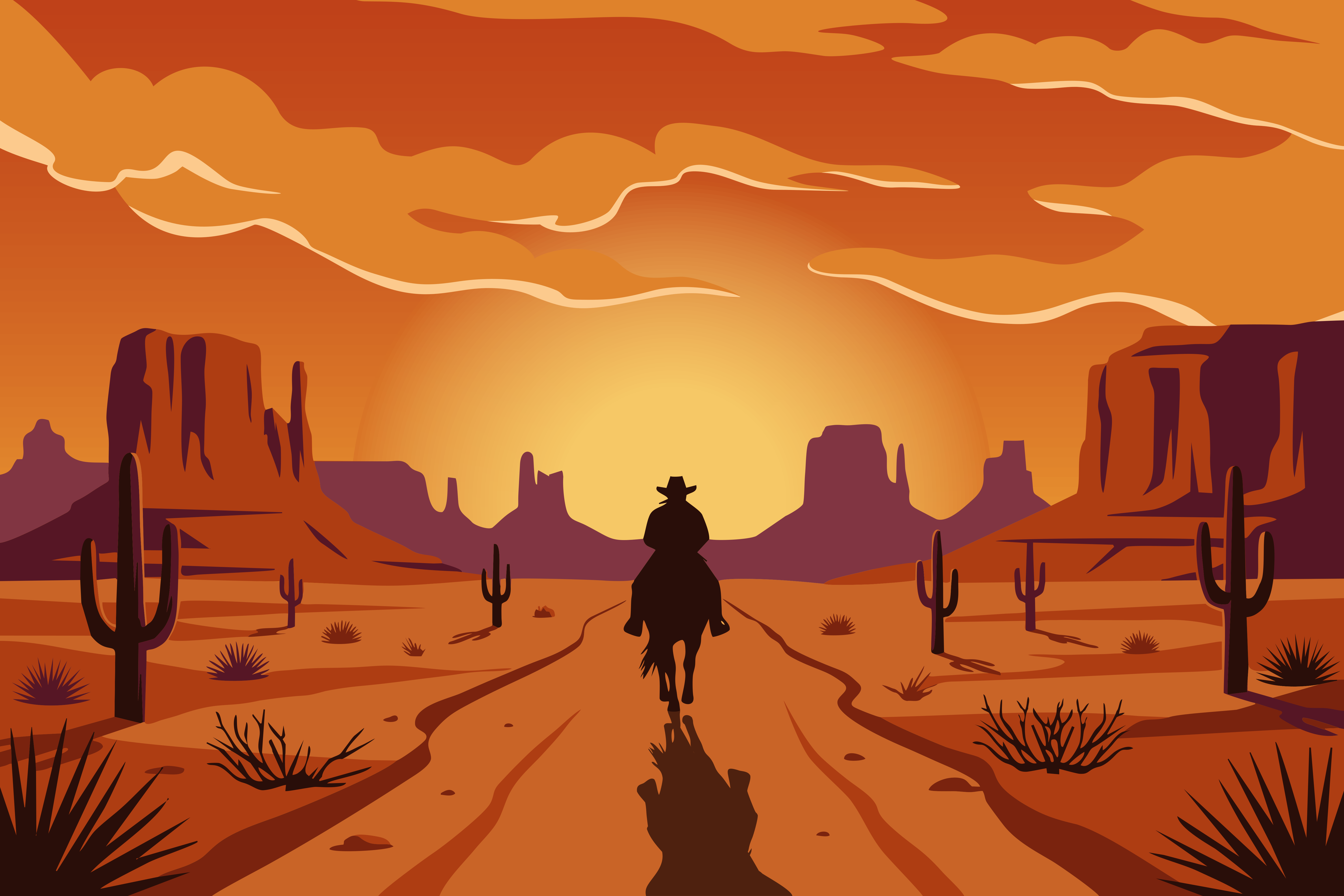 Cowboy riding horse through desert at sunset.