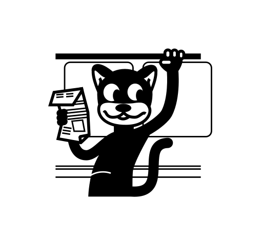 Black cat holding newspaper on a train