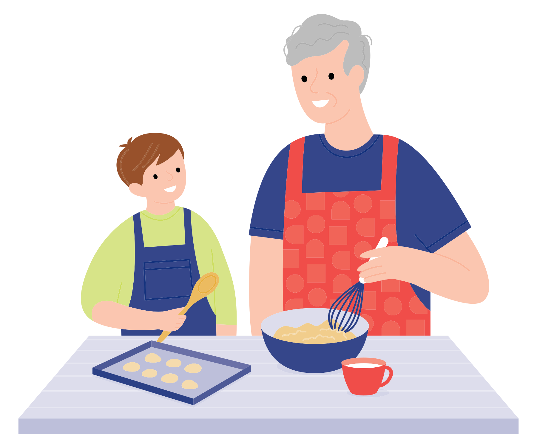 Grandfather and grandson baking cookies together in kitchen