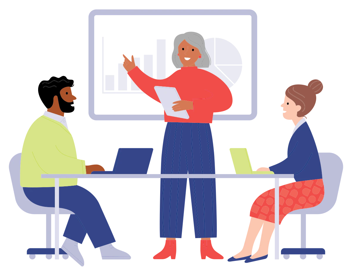 Illustration: an advisor presenting a chart to two colleagues at a table