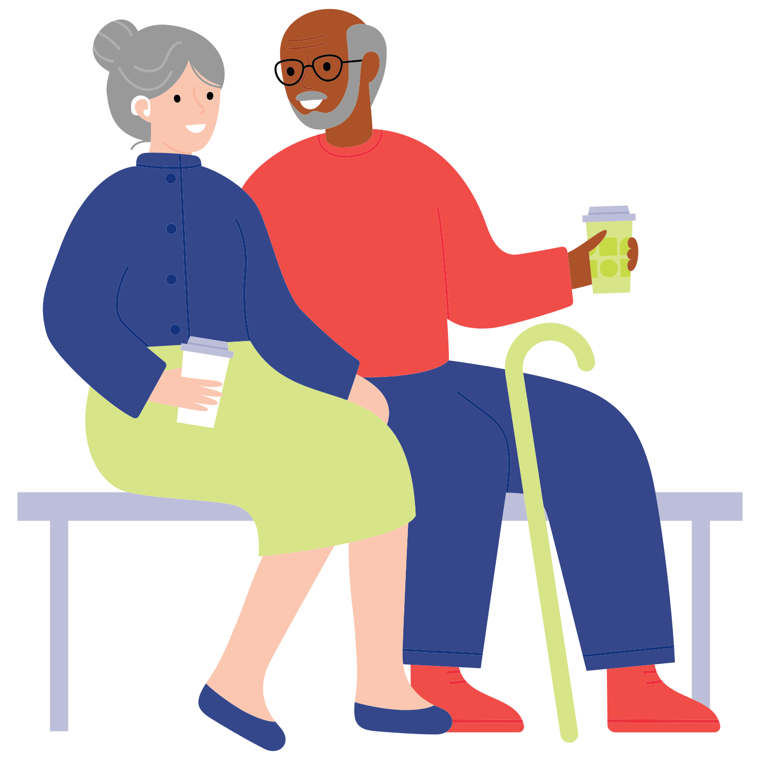 Elderly couple sitting on a bench with coffee