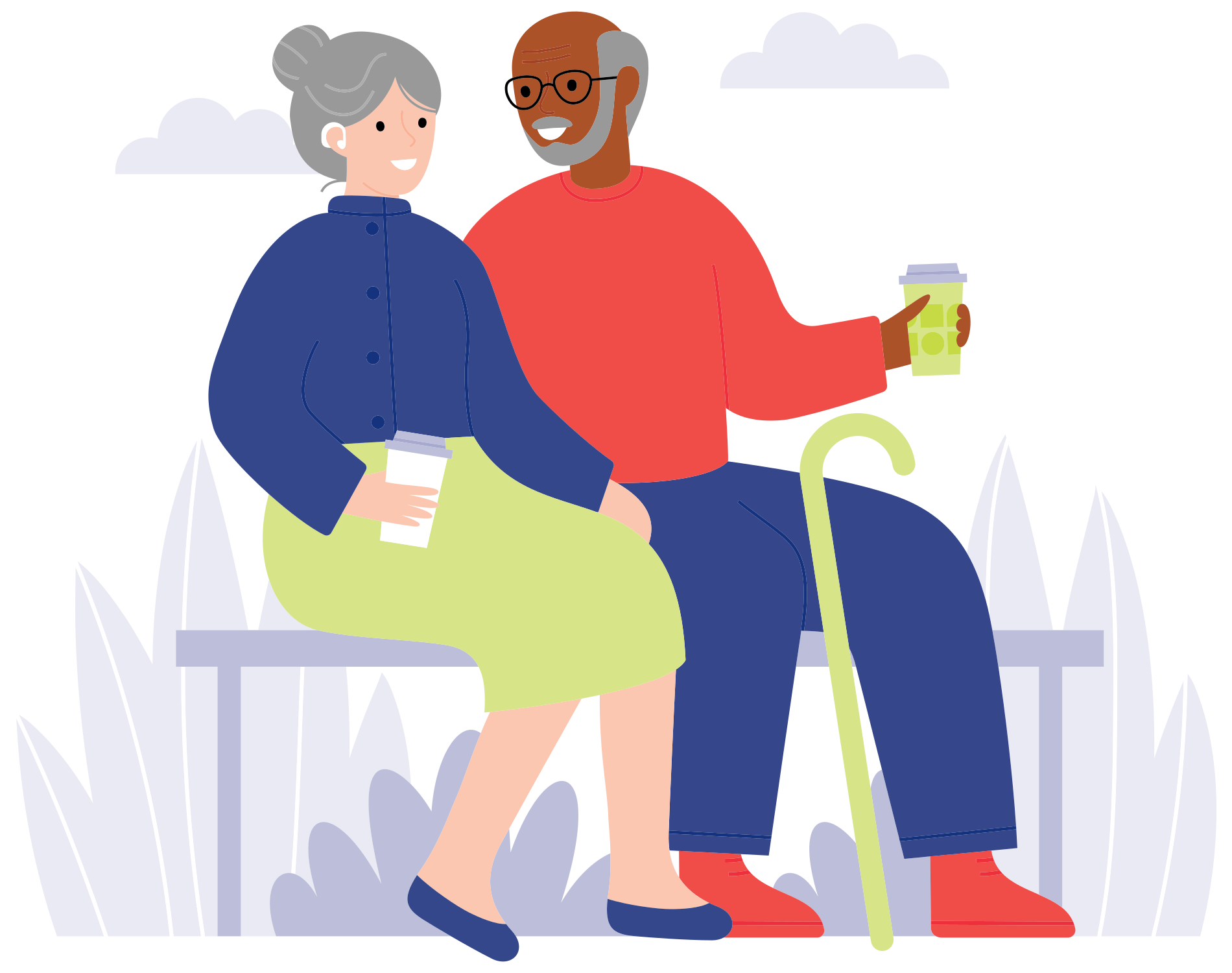 Elderly couple sitting on a park bench with coffee.