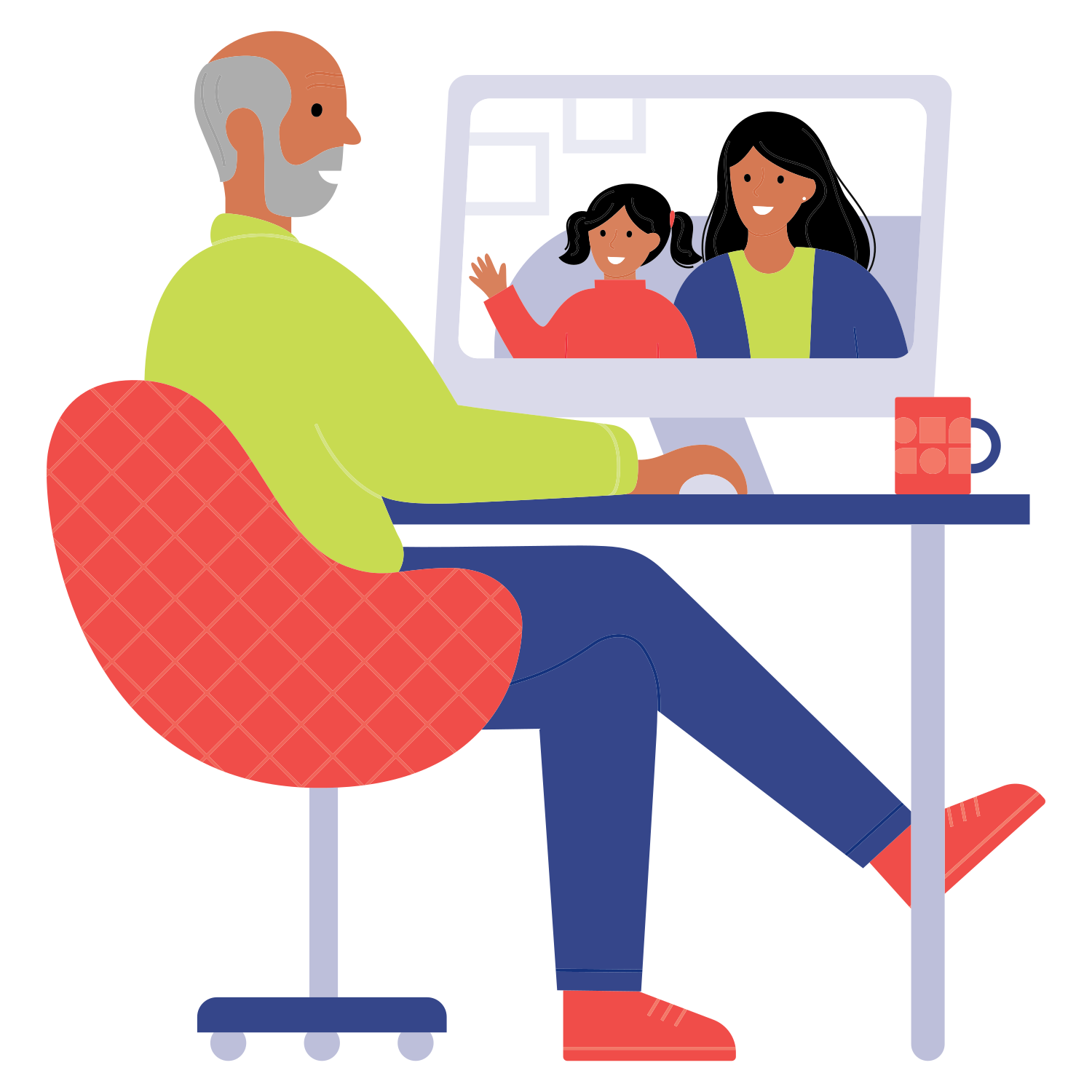 Grandfather video calls with granddaughter and mother.